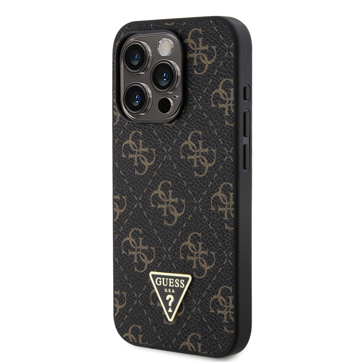 Guess PU Leather 4G Triangle Metal Logo Zadní Kryt pro iPhone 15 Pro Black