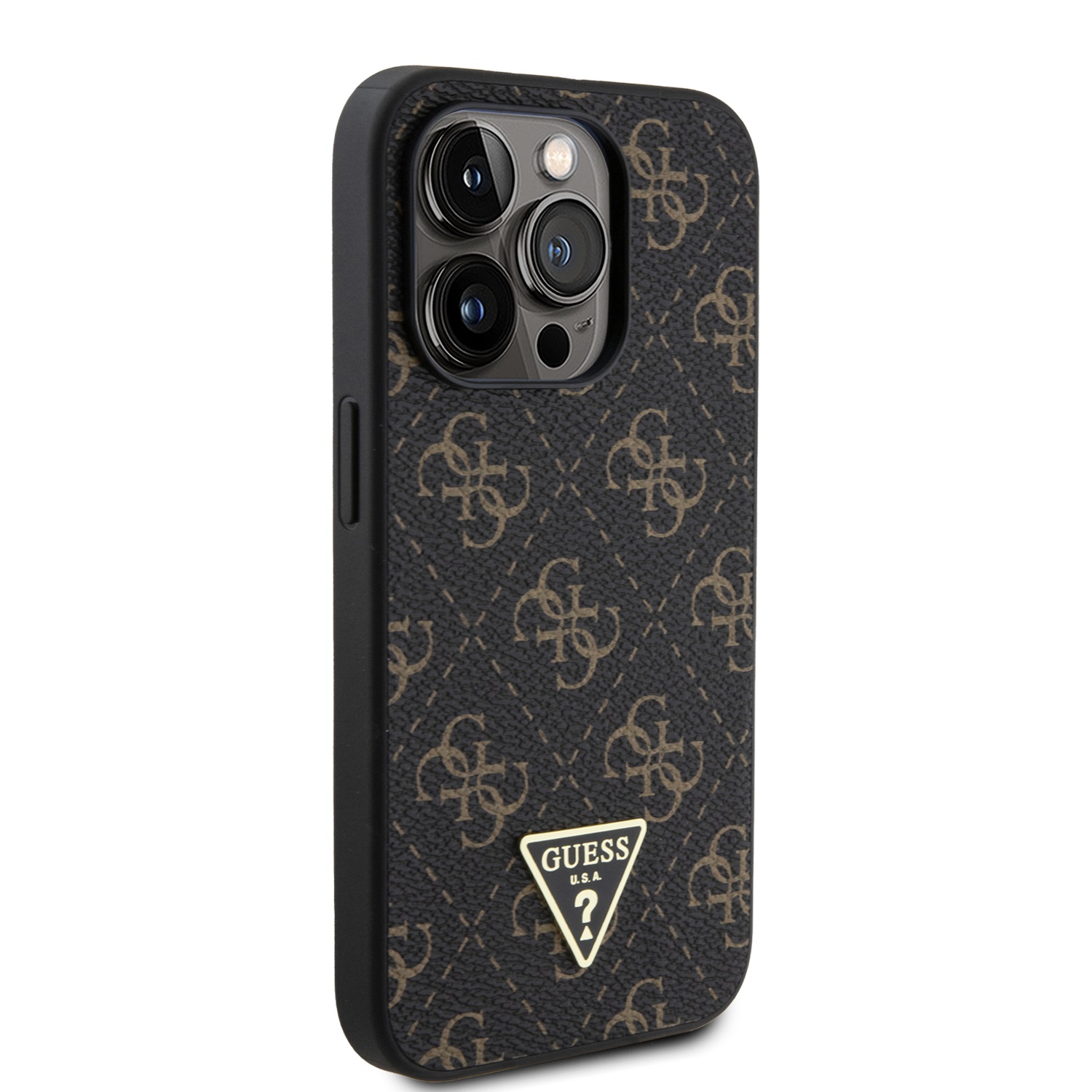 Guess PU Leather 4G Triangle Metal Logo Zadní Kryt pro iPhone 15 Pro Black