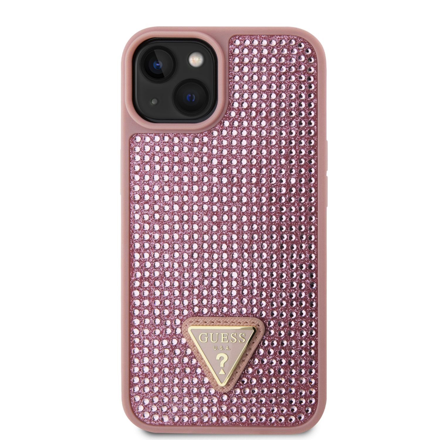 Guess Rhinestones Triangle Metal Logo Kryt pro iPhone 15 Pink