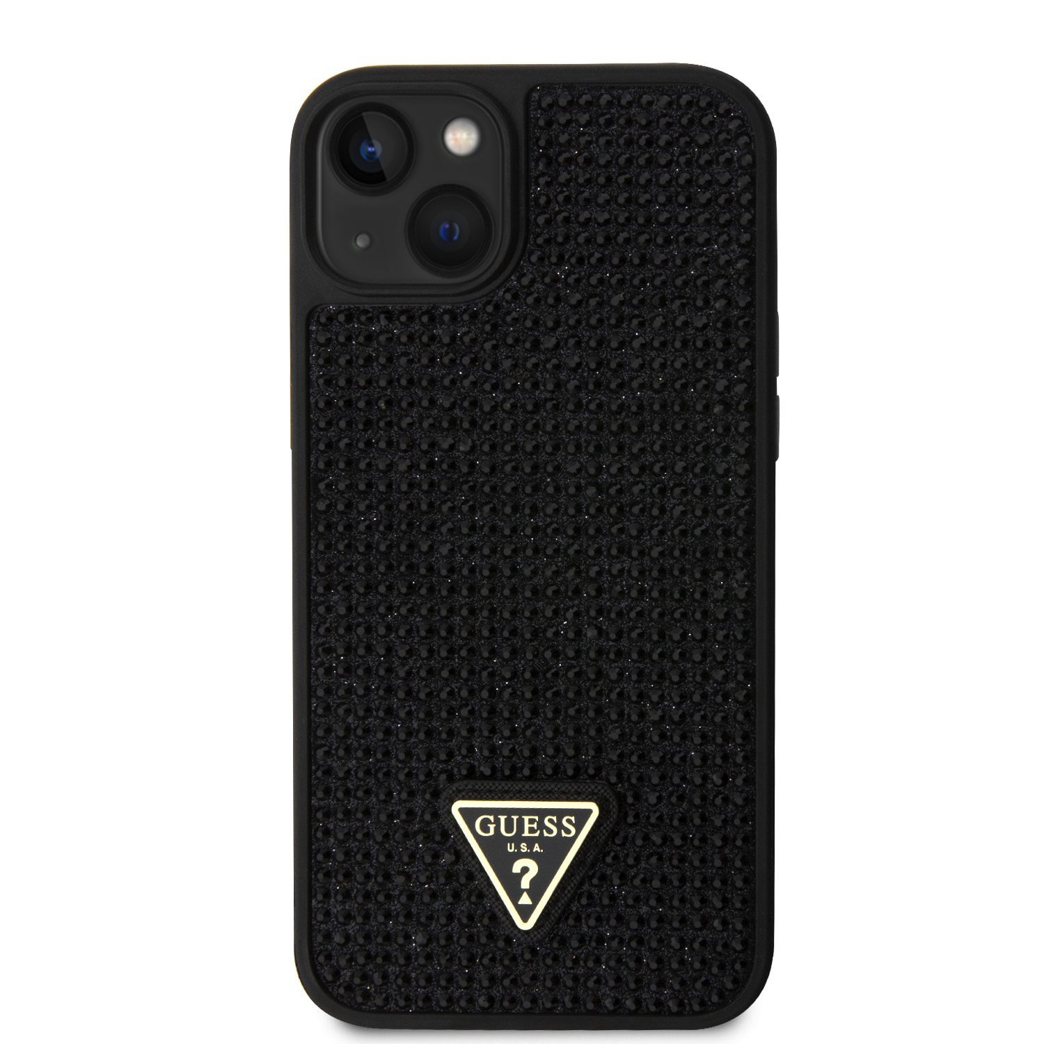Levně Zadní kryt Guess Rhinestones Triangle Metal Logo pro Apple iPhone 15 Plus, black