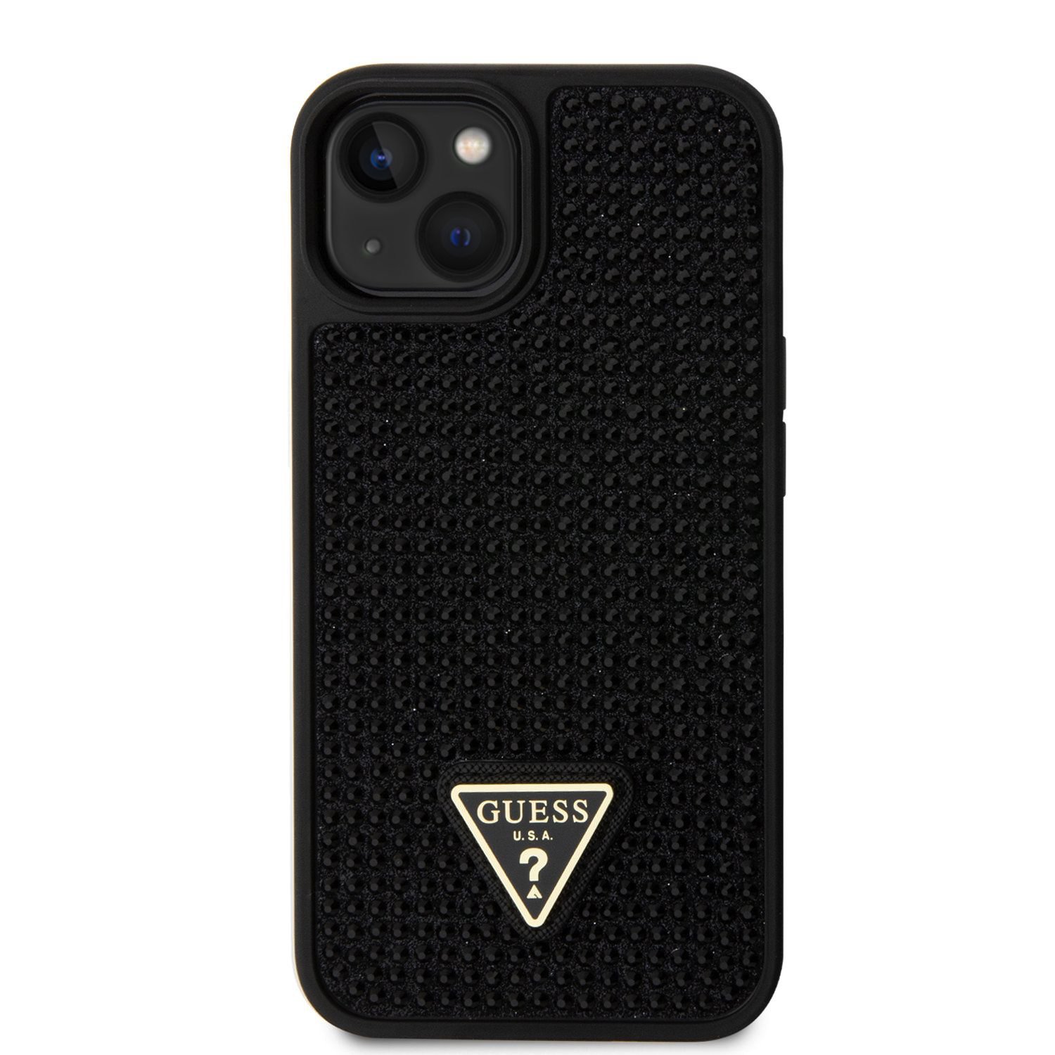 Levně Zadní kryt Guess Rhinestones Triangle Metal Logo pro Apple iPhone 15, black