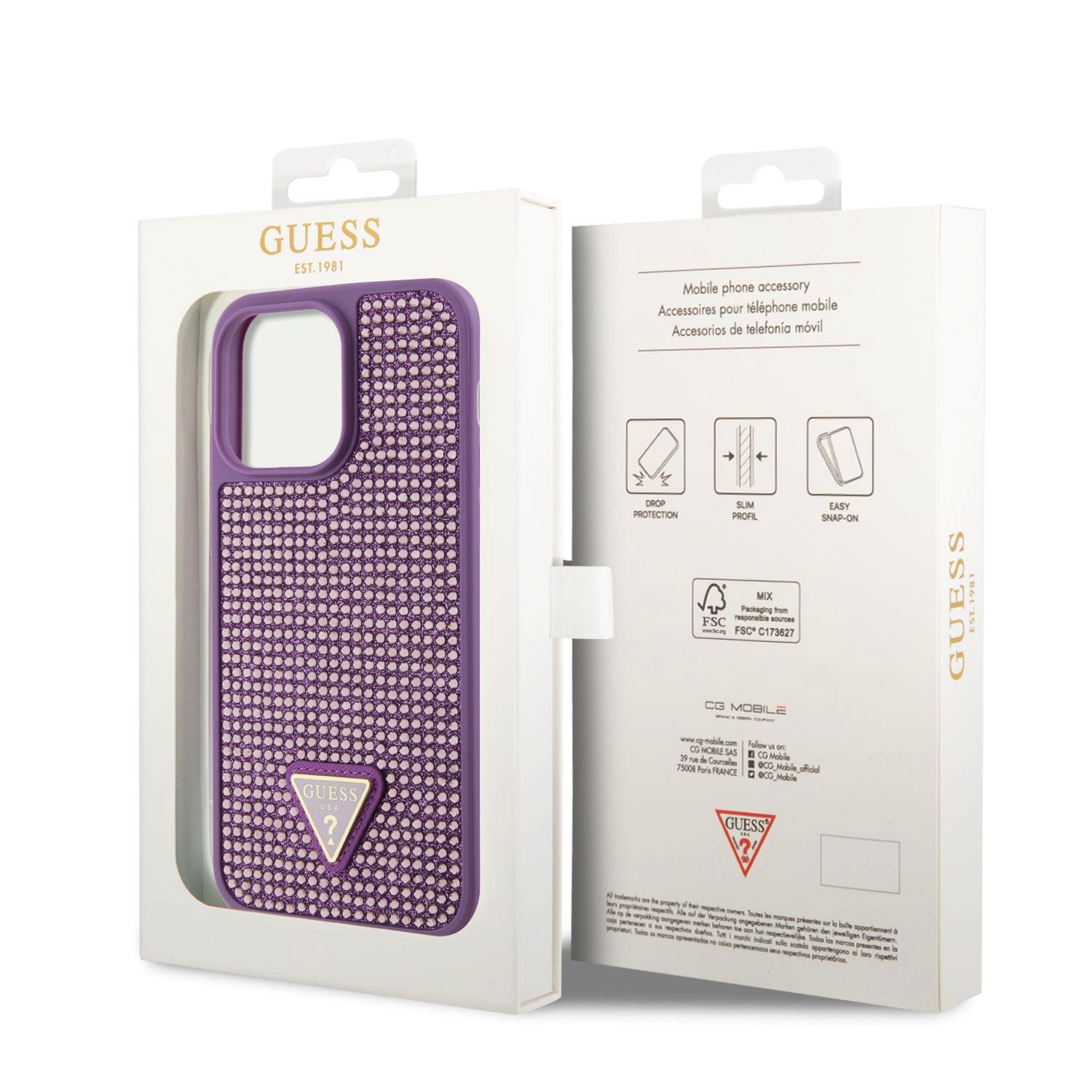 Guess Rhinestones Triangle Metal Logo Kryt pro iPhone 15 Pro Max Purple