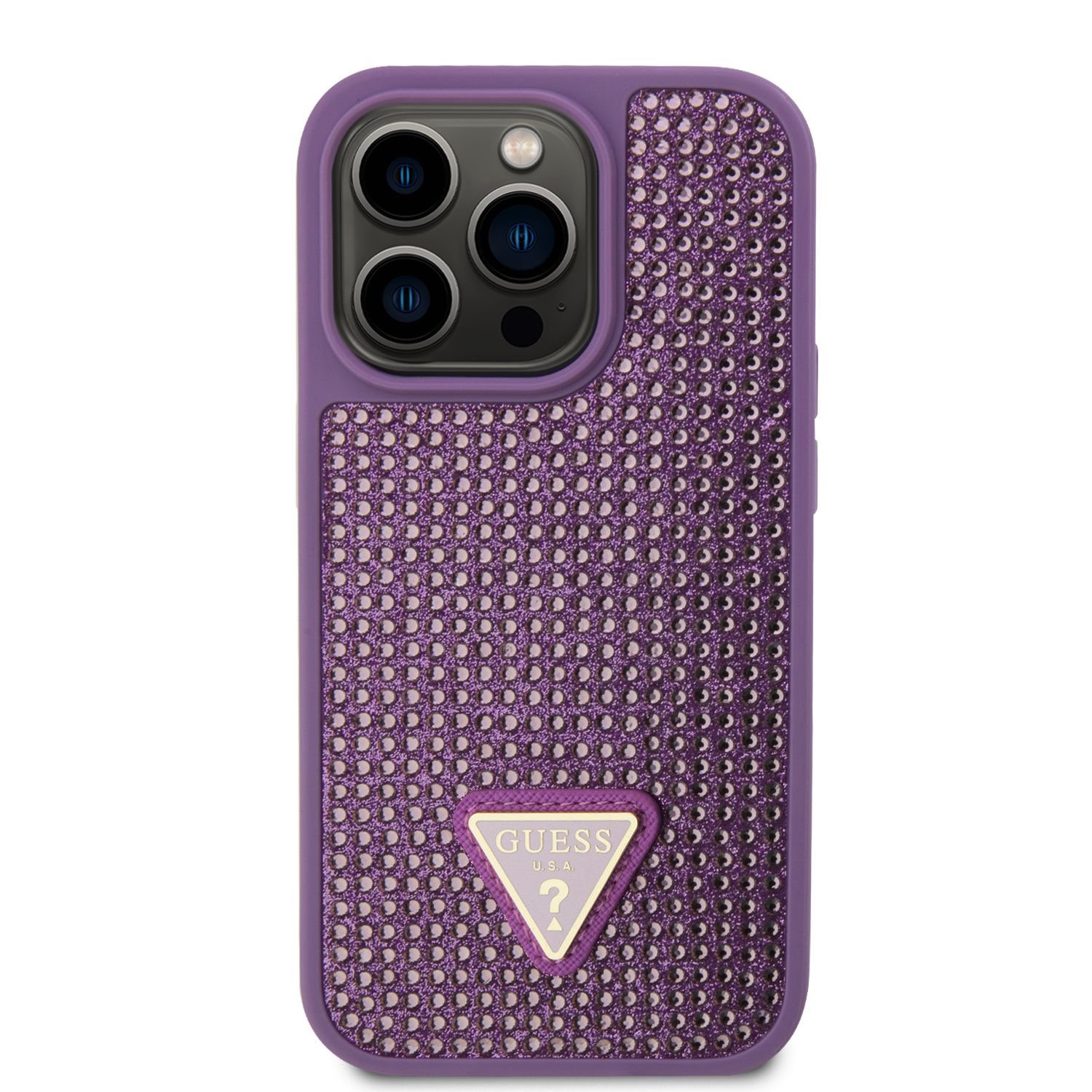 Zadní kryt Guess Rhinestones Triangle Metal Logo pro Apple iPhone 15 Pro, purple