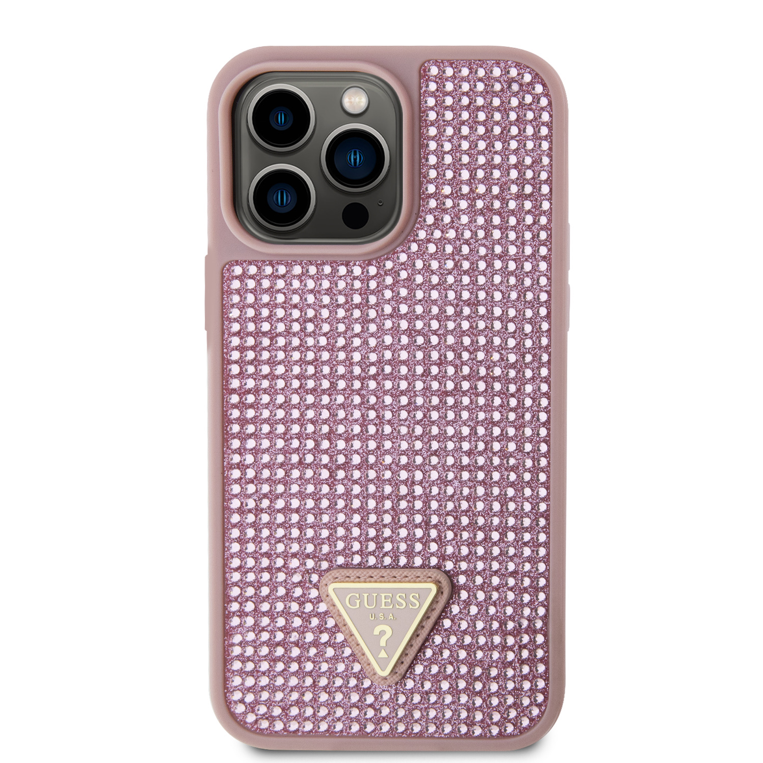 Zadní kryt Guess Rhinestones Triangle Metal Logo pro Apple iPhone 15 Pro Max, pink