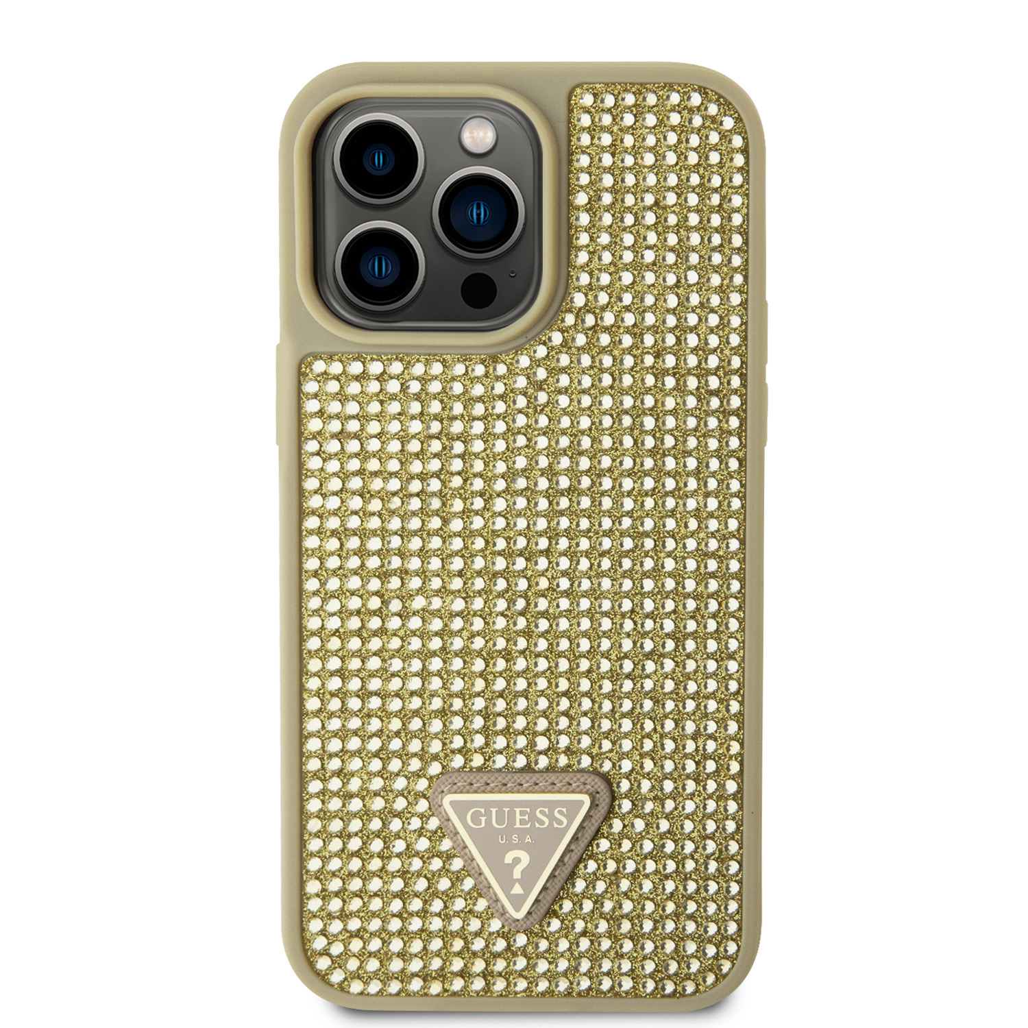 Levně Zadní kryt Guess Rhinestones Triangle Metal Logo pro Apple iPhone 15 Pro Max, gold