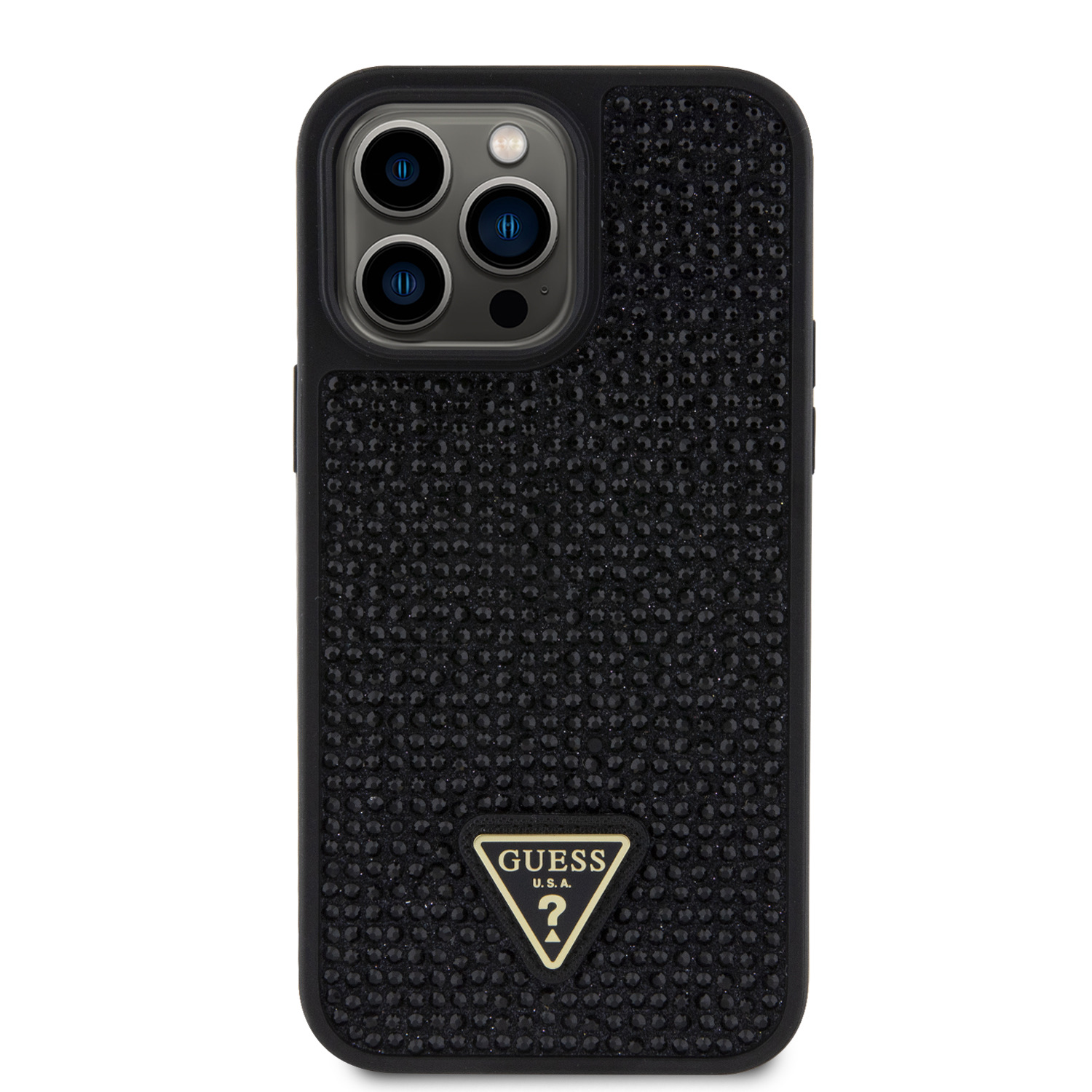 Zadní kryt Guess Rhinestones Triangle Metal Logo pro Apple iPhone 15 Pro Max, black