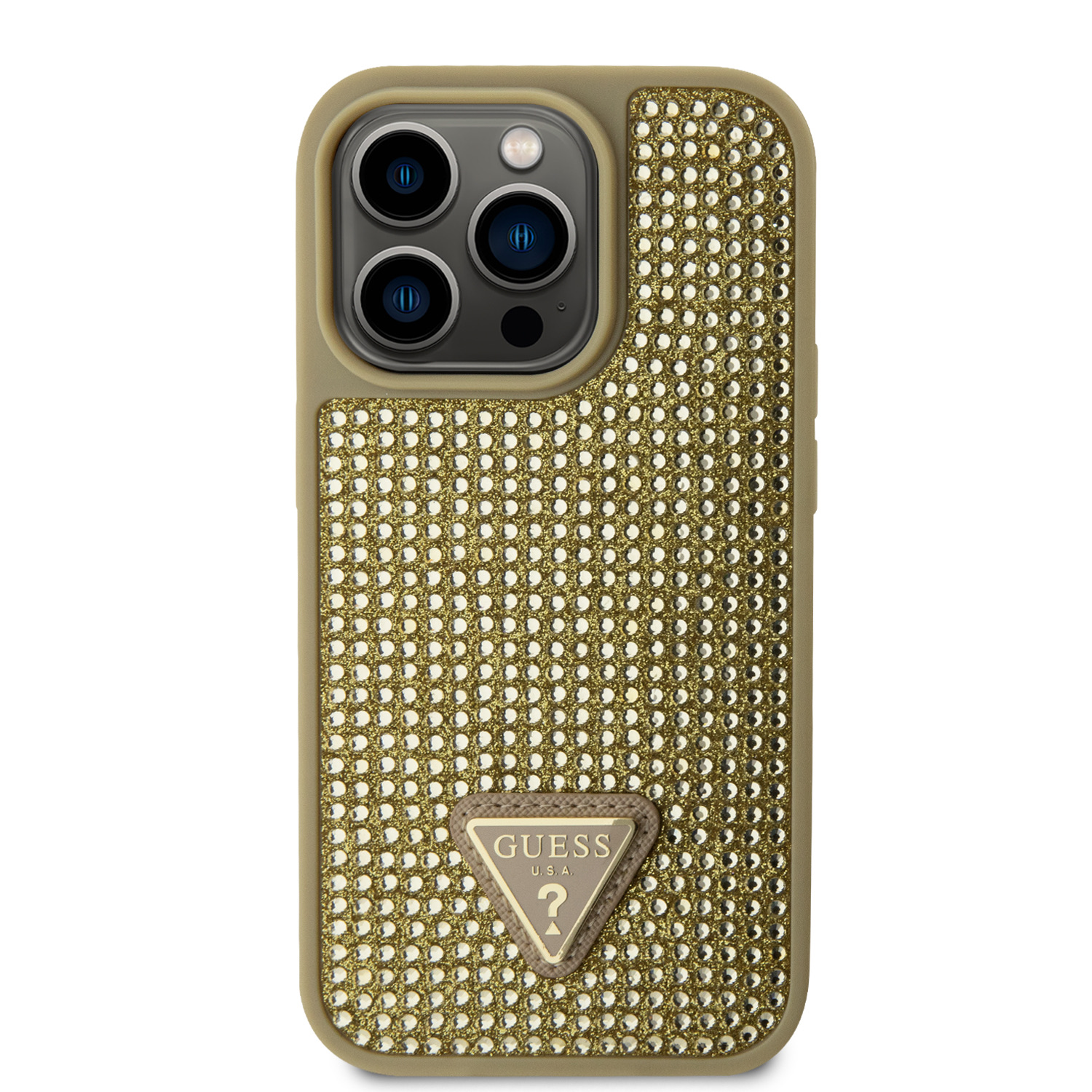Zadní kryt Guess Rhinestones Triangle Metal Logo pro Apple iPhone 15 Pro, gold