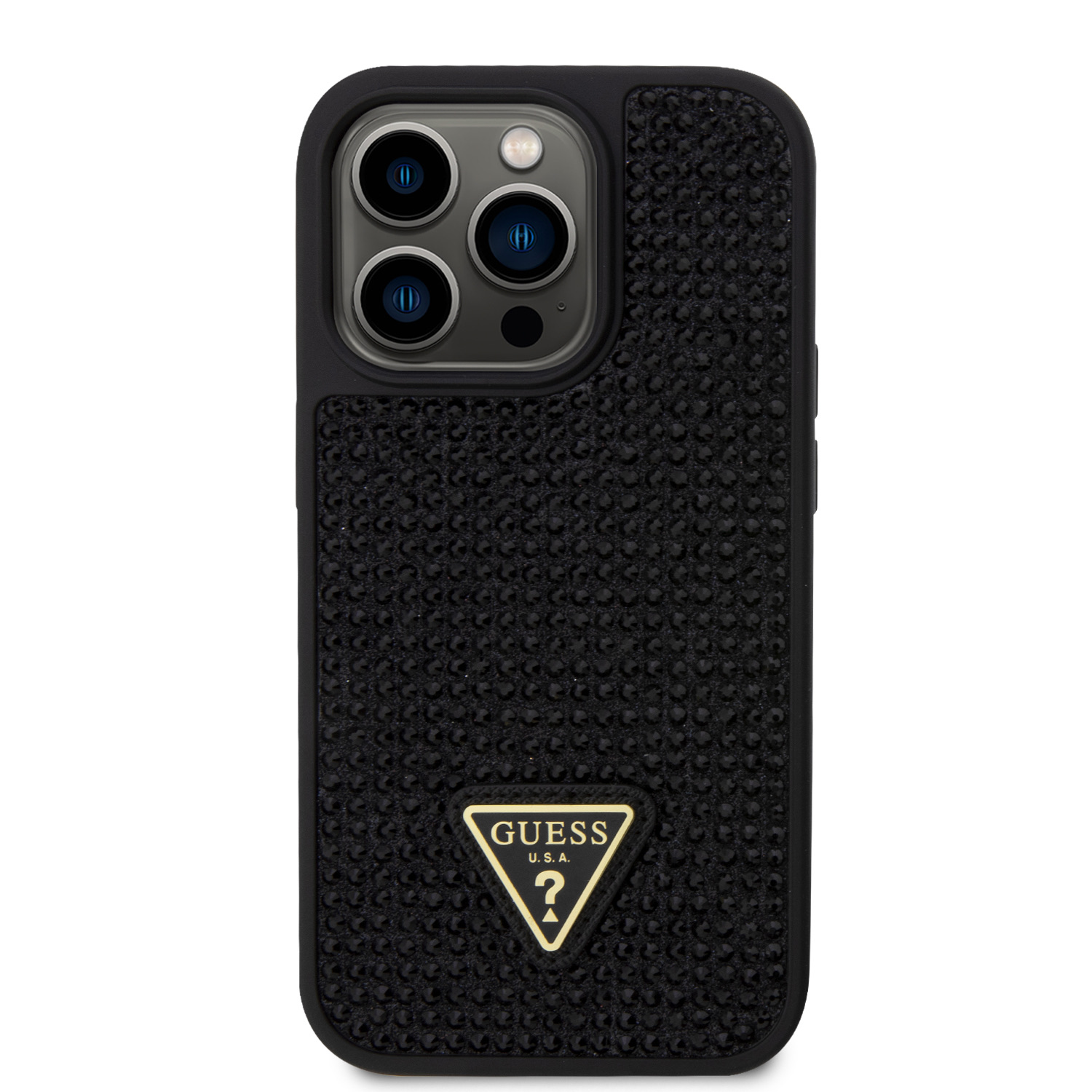 Levně Zadní kryt Guess Rhinestones Triangle Metal Logo pro Apple iPhone 15 Pro, black