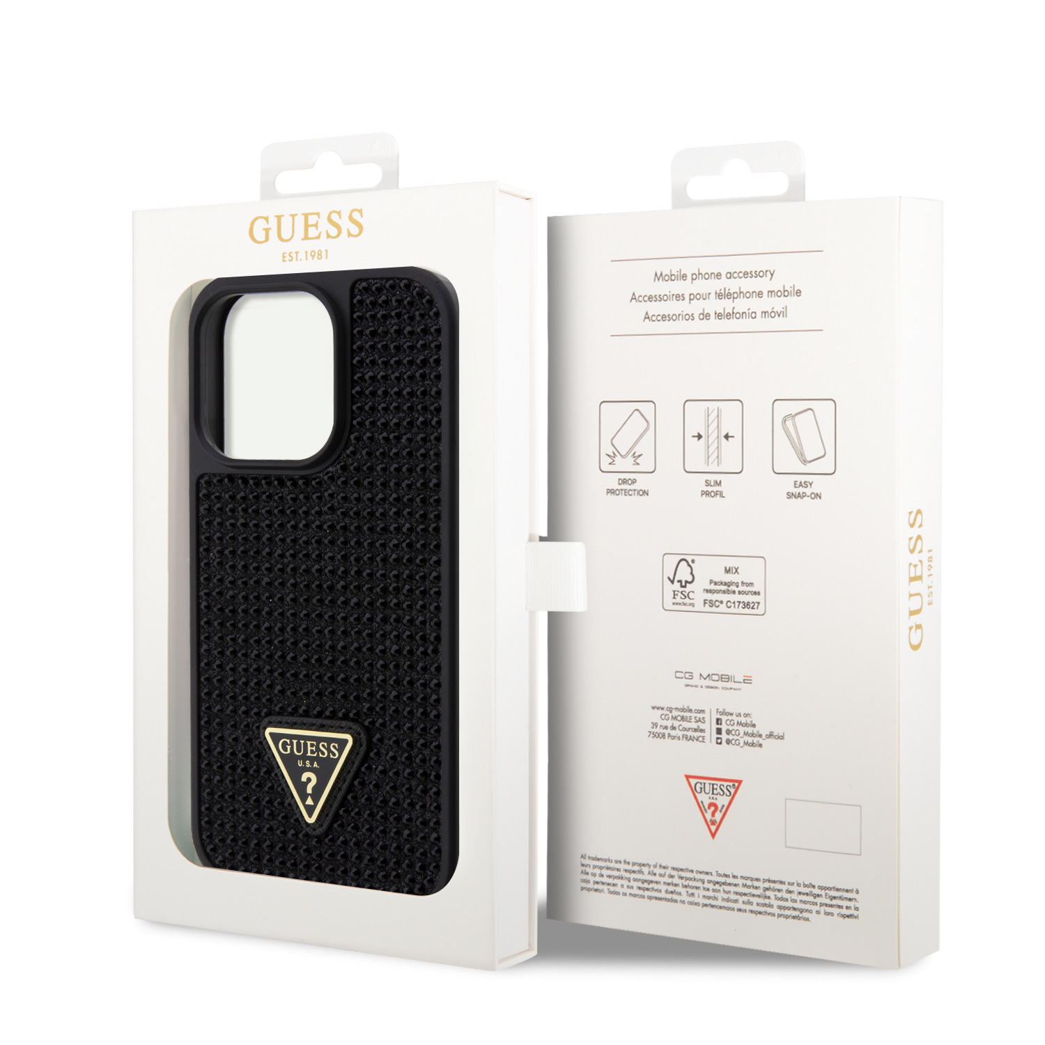 Guess Rhinestones Triangle Metal Logo Kryt pro iPhone 15 Pro Black