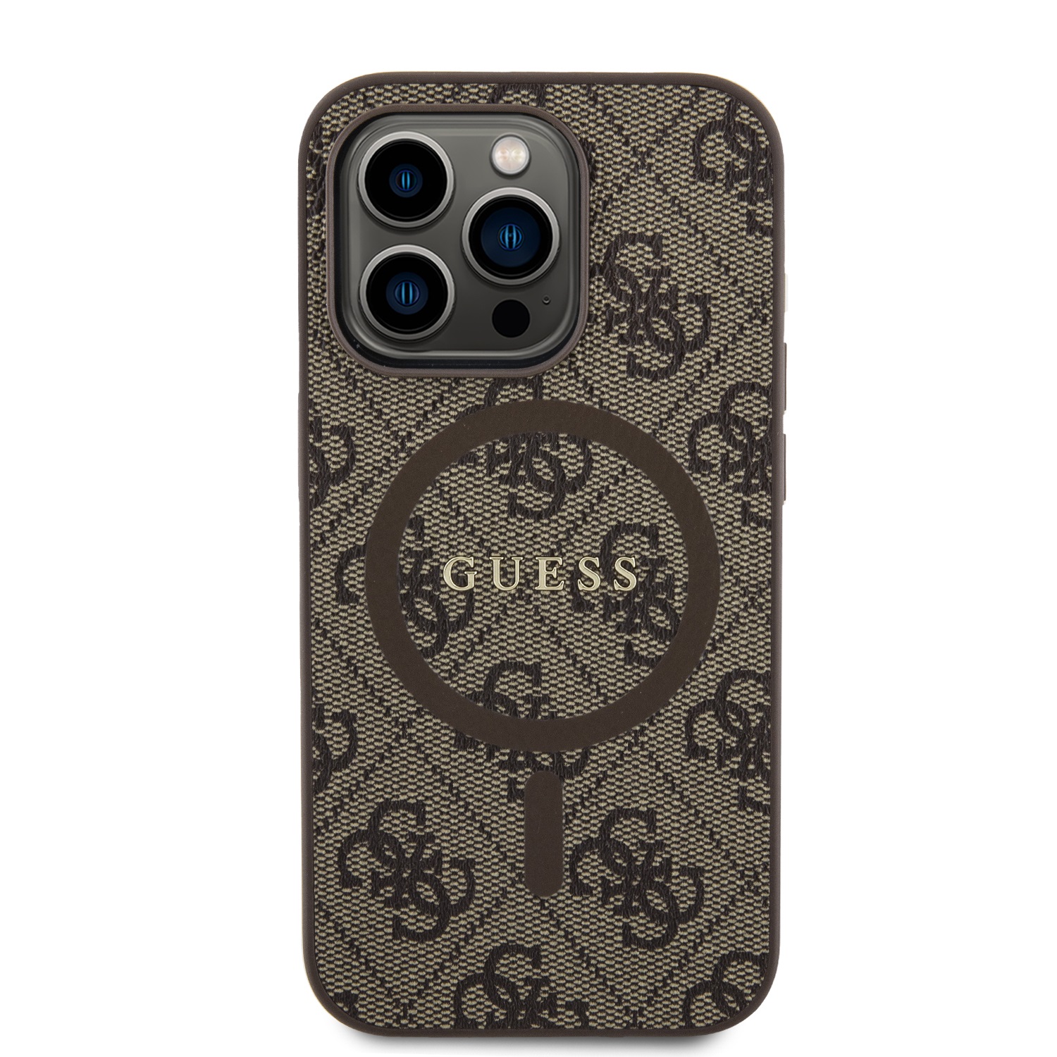 Guess PU Leather 4G Colored Ring MagSafe Zadní Kryt pro iPhone 14 Pro Brown