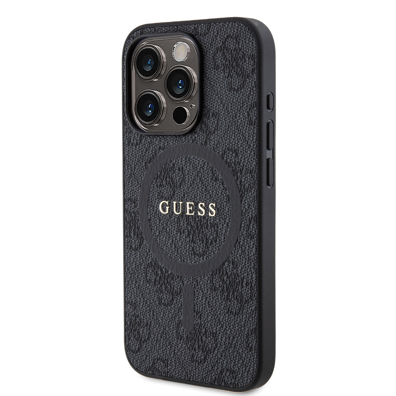 Guess PU Leather 4G Colored Ring MagSafe Zadní Kryt pro iPhone 15 Pro Black
