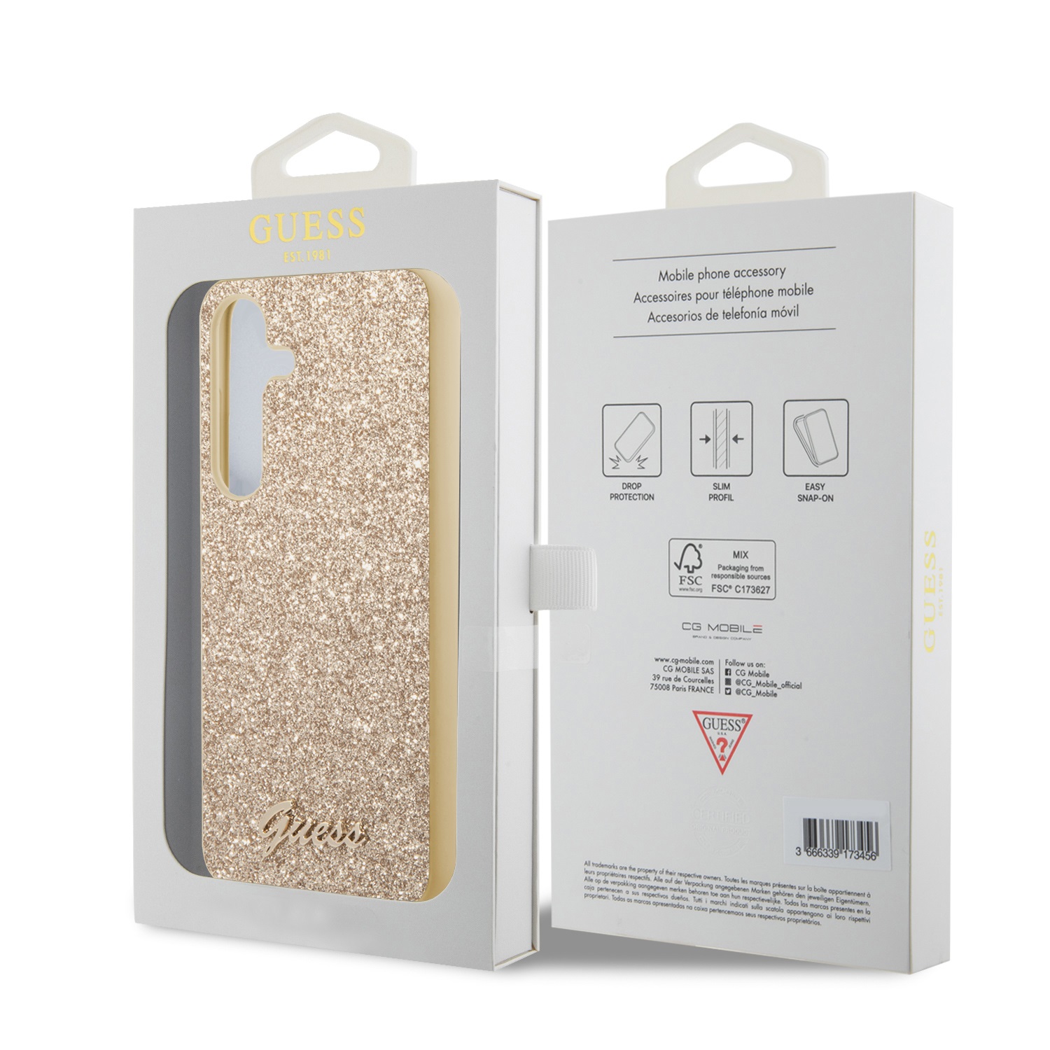 Guess PC/TPU Glitter Flakes Metal Logo Zadní Kryt pro Samsung Galaxy S24+ Gold