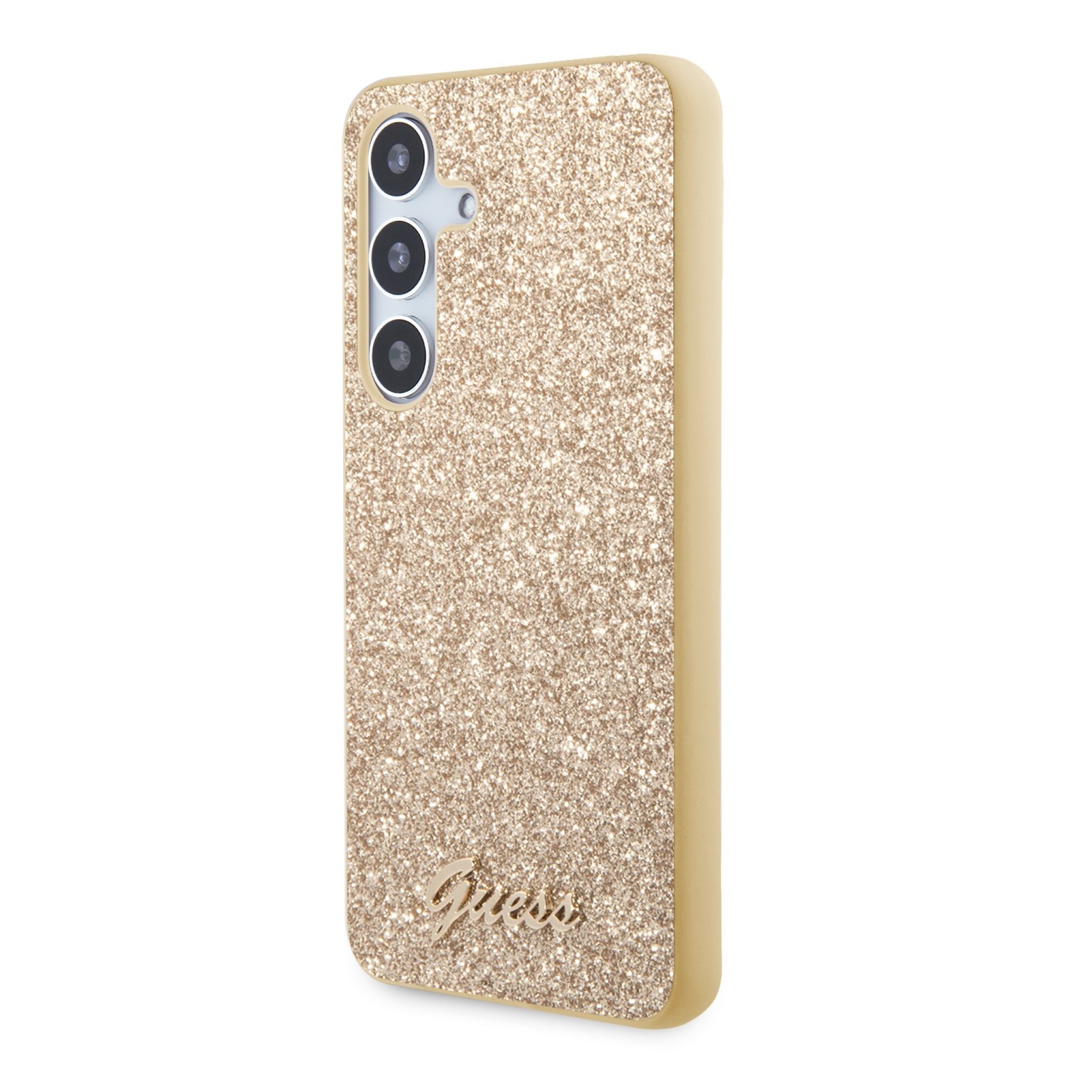 Guess PC/TPU Glitter Flakes Metal Logo Zadní Kryt pro Samsung Galaxy S24 Gold