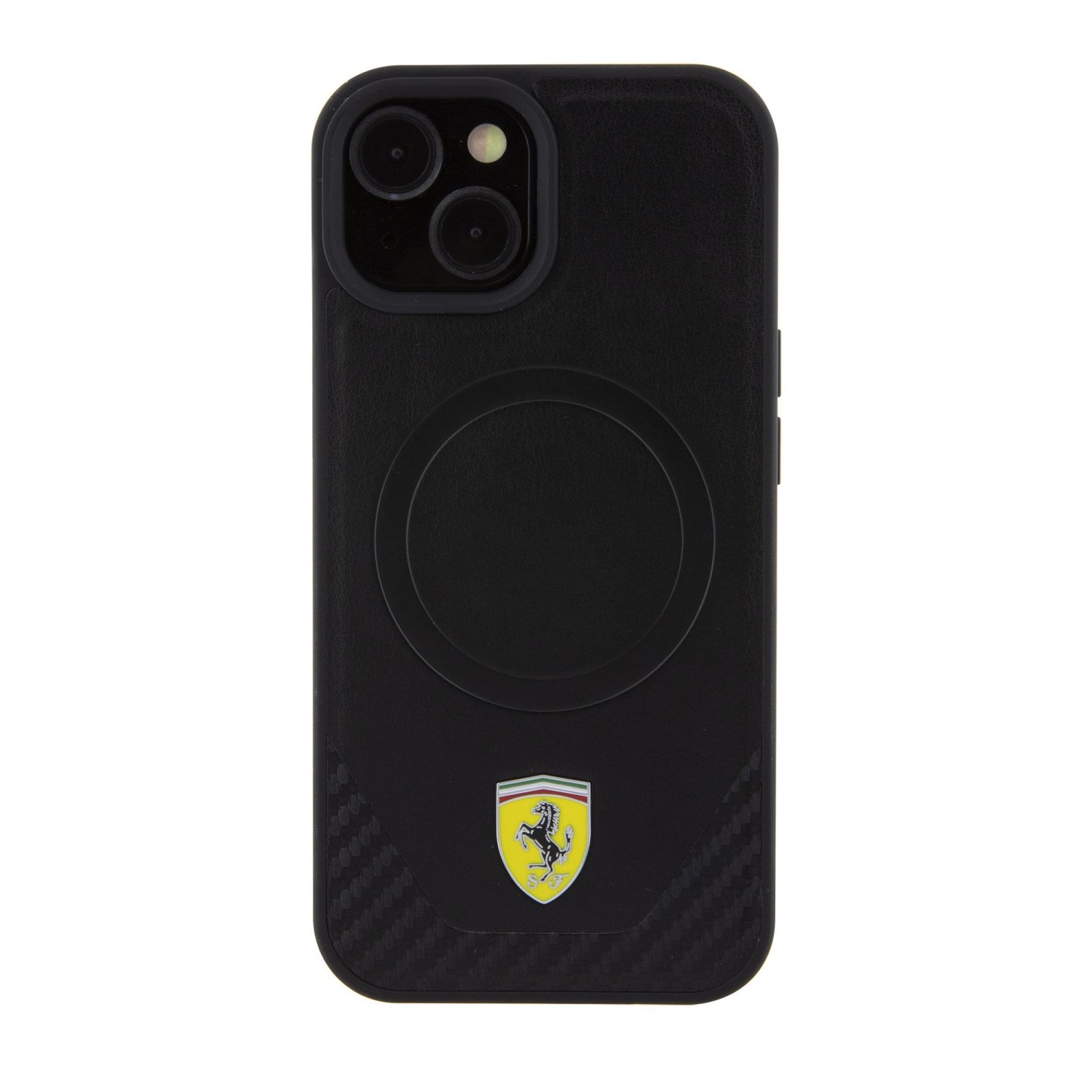 Ferrari PU Leather Bottom Carbon MagSafe Zadní Kryt pro iPhone 15 Black