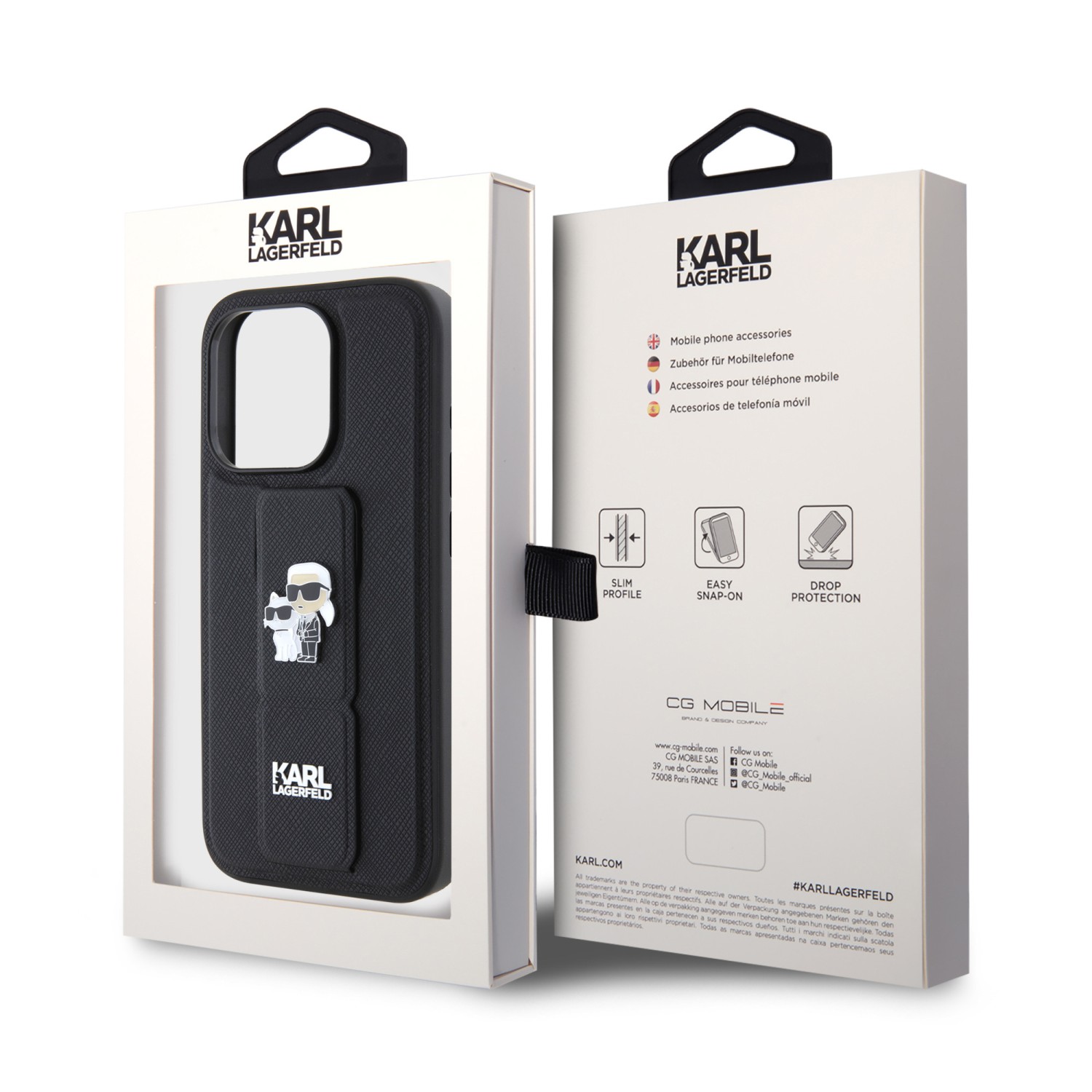 Karl Lagerfeld Saffiano Grip Stand Metal Logo Zadní Kryt pro iPhone 15 Pro Black