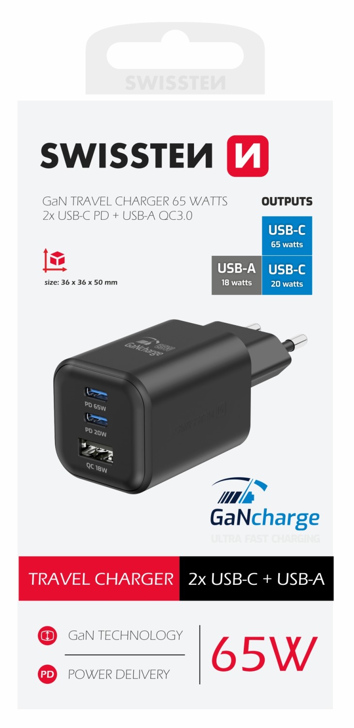 SWISSTEN SÍŤOVÝ ADAPTÉR GaN 2x USB-C 65W PD + 1x USB-A 18W QC ČERNÝ