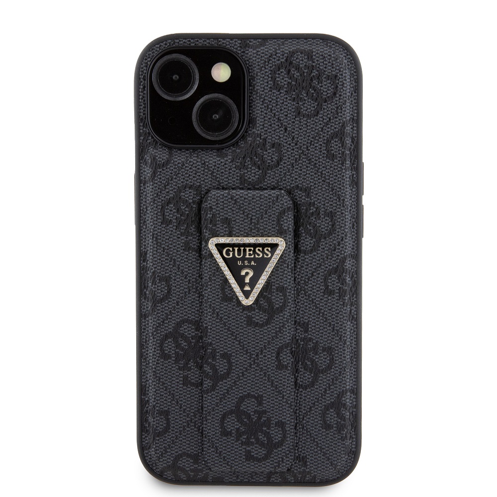 Zadní kryt Guess PU Grip Stand 4G Strass Triangle Metal Logo pro Apple iPhone 15 Plus, black
