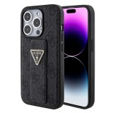 Guess PU Grip Stand 4G Strass Triangle Metal Logo Zadní Kryt pro iPhone 15 Pro Max Black