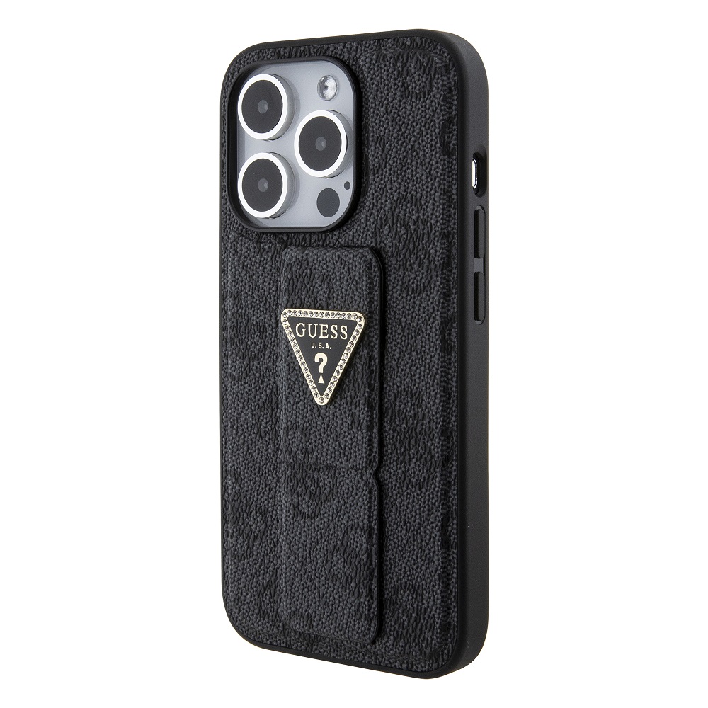 Guess PU Grip Stand 4G Strass Triangle Metal Logo Zadní Kryt pro iPhone 15 Pro Max Black