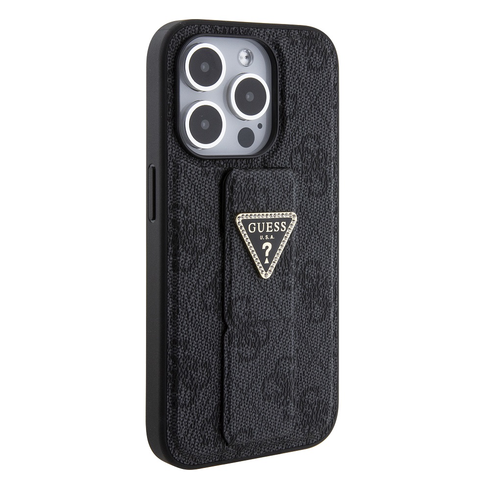 Guess PU Grip Stand 4G Strass Triangle Metal Logo Zadní Kryt pro iPhone 15 Pro Max Black