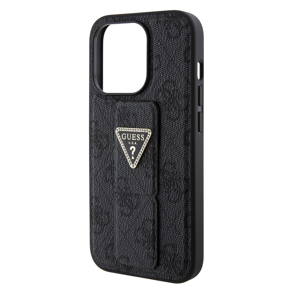 Guess PU Grip Stand 4G Strass Triangle Metal Logo Zadní Kryt pro iPhone 15 Pro Max Black