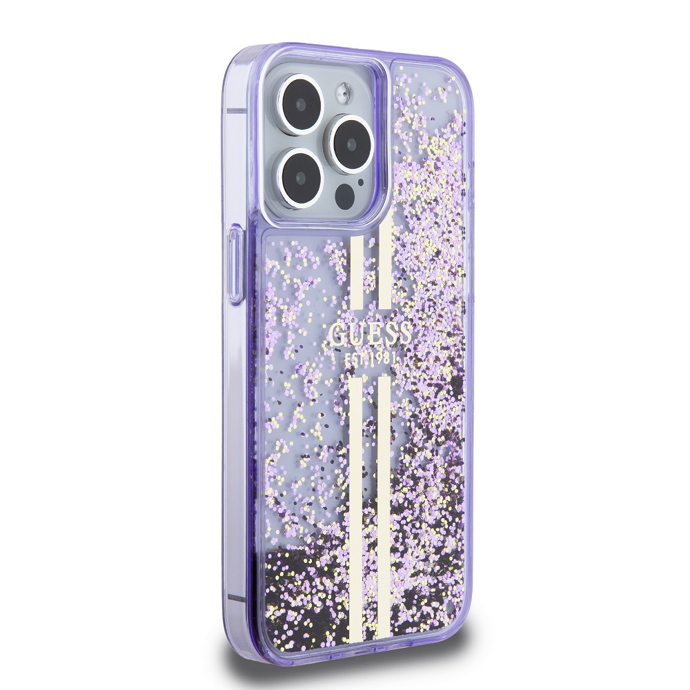 Guess PC/TPU Liquid Glitter Gold Stripe Zadní Kryt pro iPhone 15 Pro Max Purple