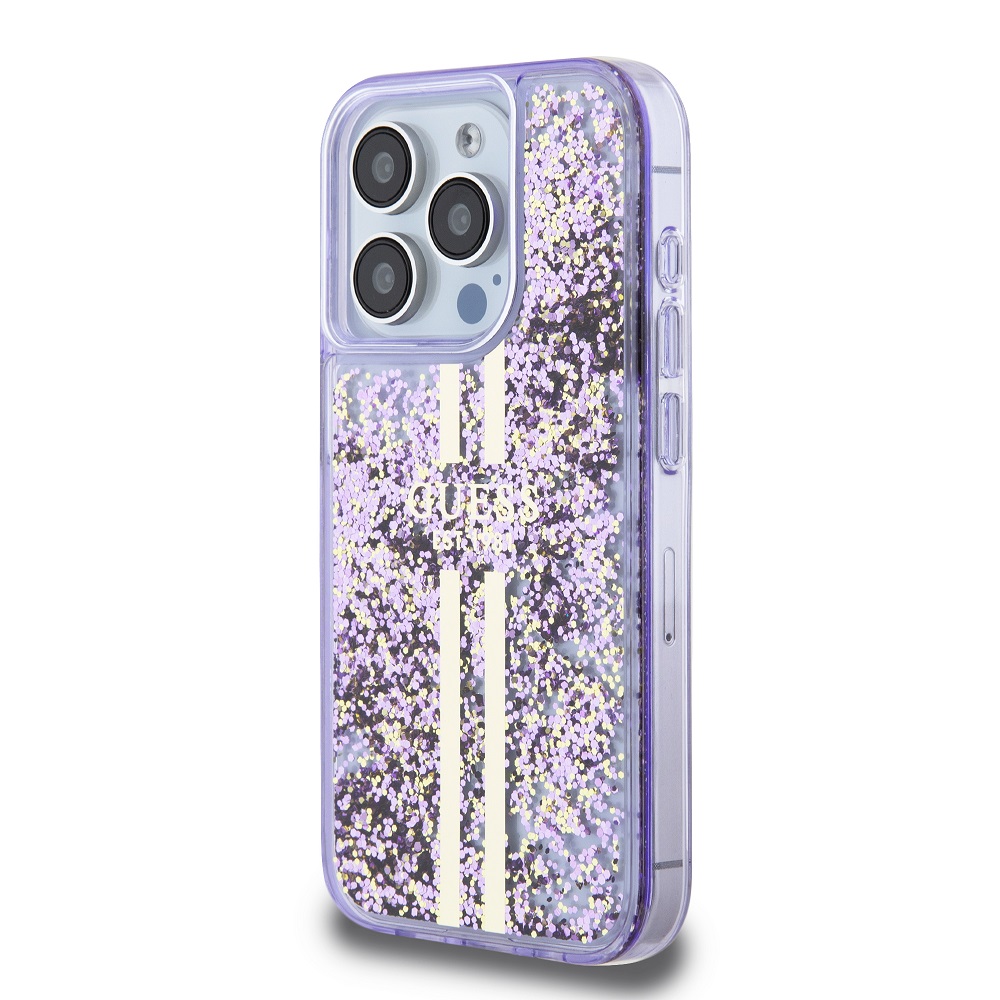 Guess PC/TPU Liquid Glitter Gold Stripe Zadní Kryt pro iPhone 15 Pro Purple