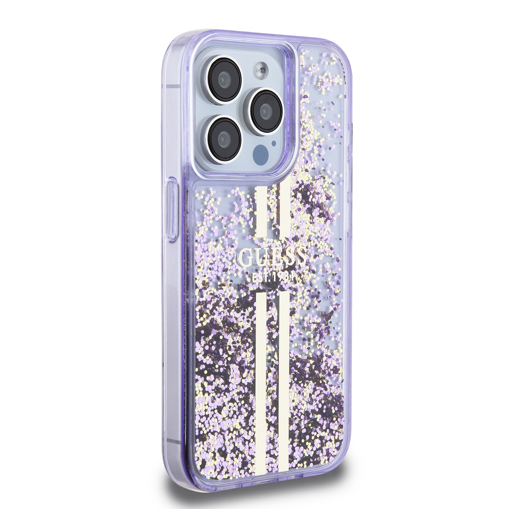 Guess PC/TPU Liquid Glitter Gold Stripe Zadní Kryt pro iPhone 15 Pro Purple