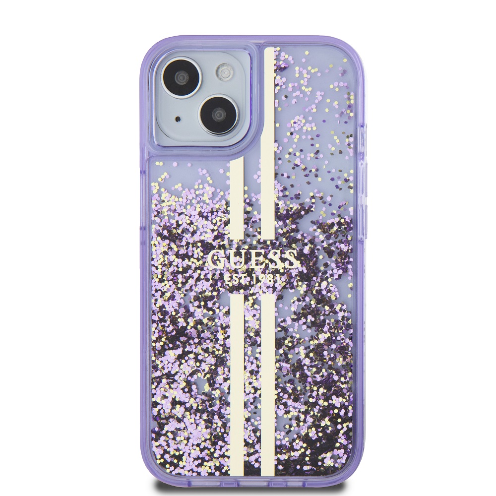 Guess PC/TPU Liquid Glitter Gold Stripe Zadní Kryt pro iPhone 15 Purple
