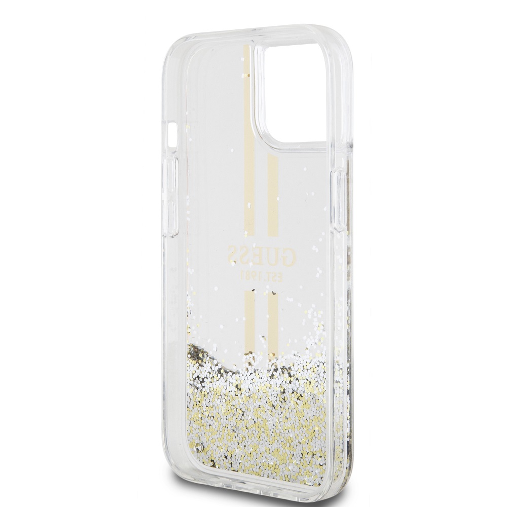 Guess PC/TPU Liquid Glitter Gold Stripe Zadní Kryt pro iPhone 15 Plus Transparent