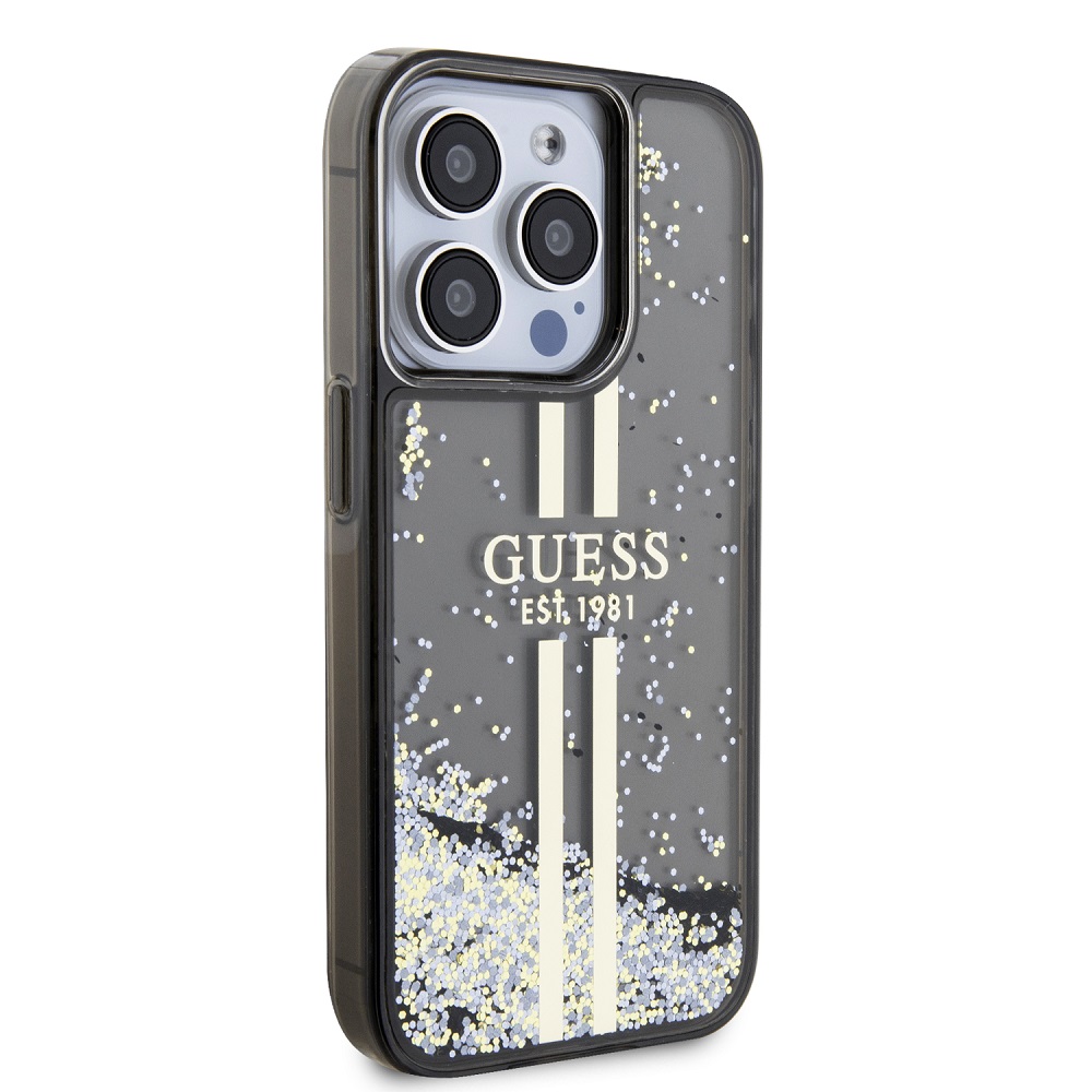 Guess PC/TPU Liquid Glitter Gold Stripe Zadní Kryt pro iPhone 15 Pro Max Black