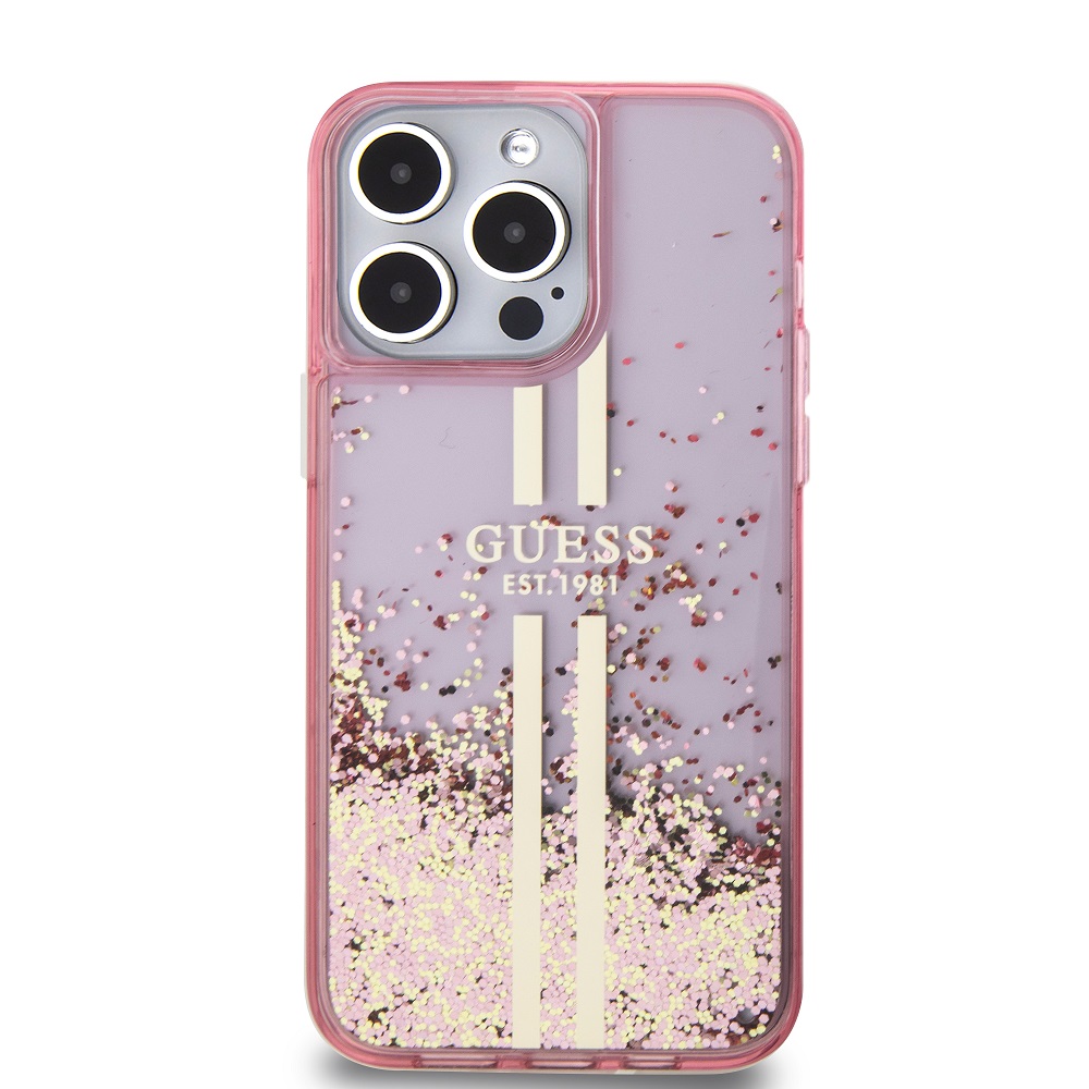 Guess PC/TPU Liquid Glitter Gold Stripe Zadní Kryt pro iPhone 15 Pro Max Pink