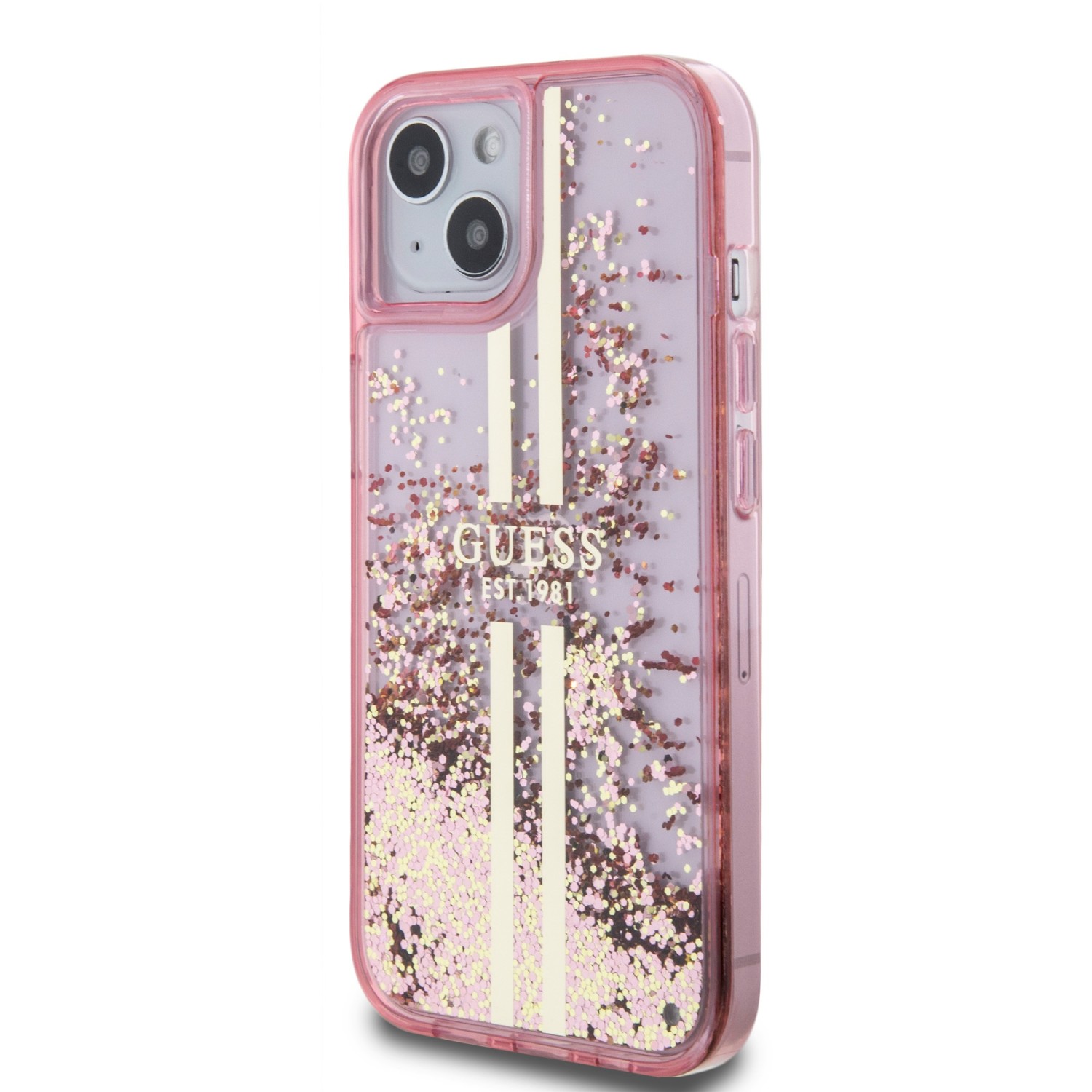 Guess PC/TPU Liquid Glitter Gold Stripe Zadní Kryt pro iPhone 15 Pink