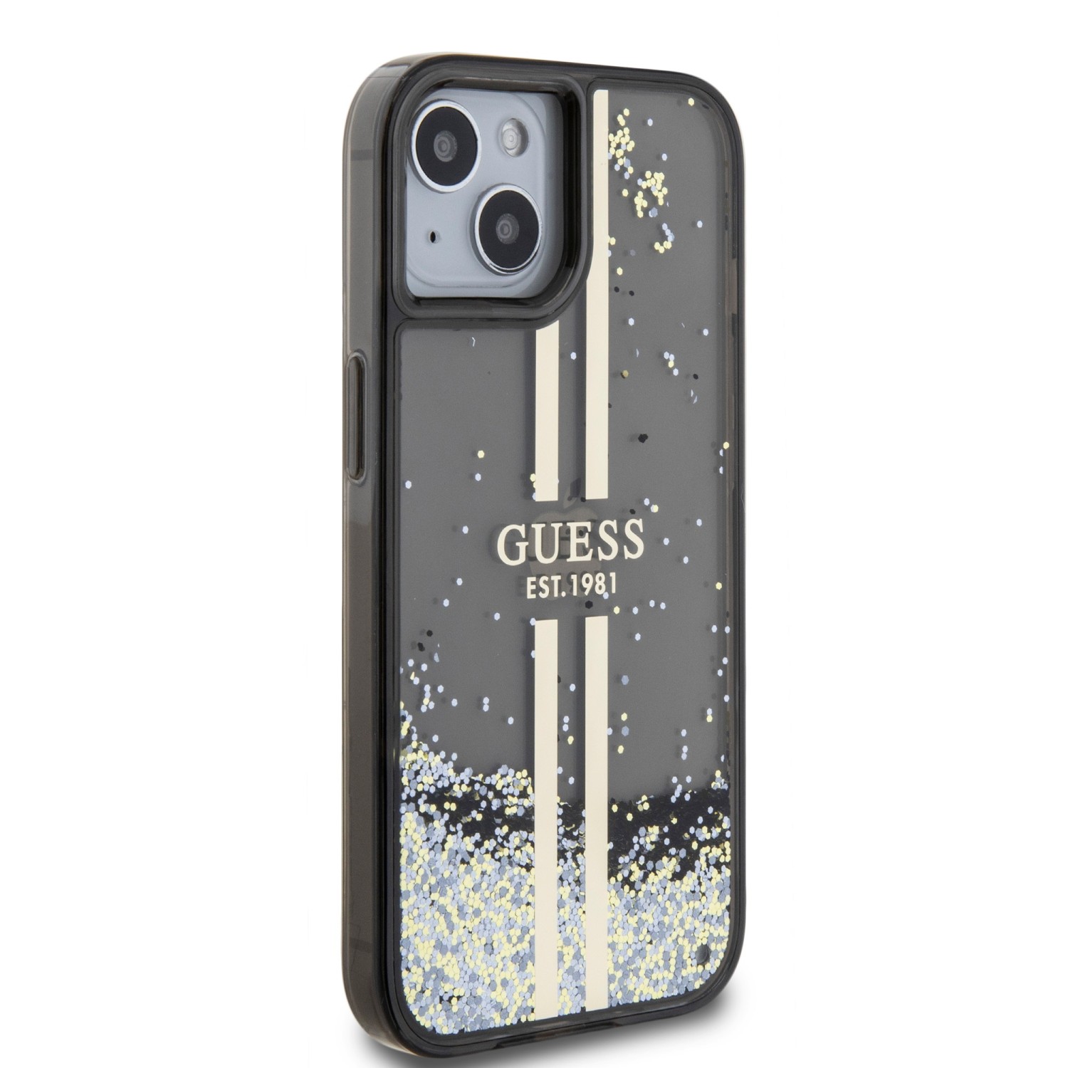 Guess PC/TPU Liquid Glitter Gold Stripe Zadní Kryt pro iPhone 15 Black