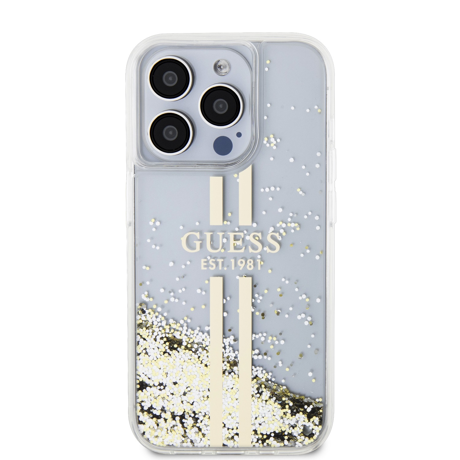 Guess PC/TPU Liquid Glitter Gold Stripe Zadní Kryt pro iPhone 15 Pro Transparent