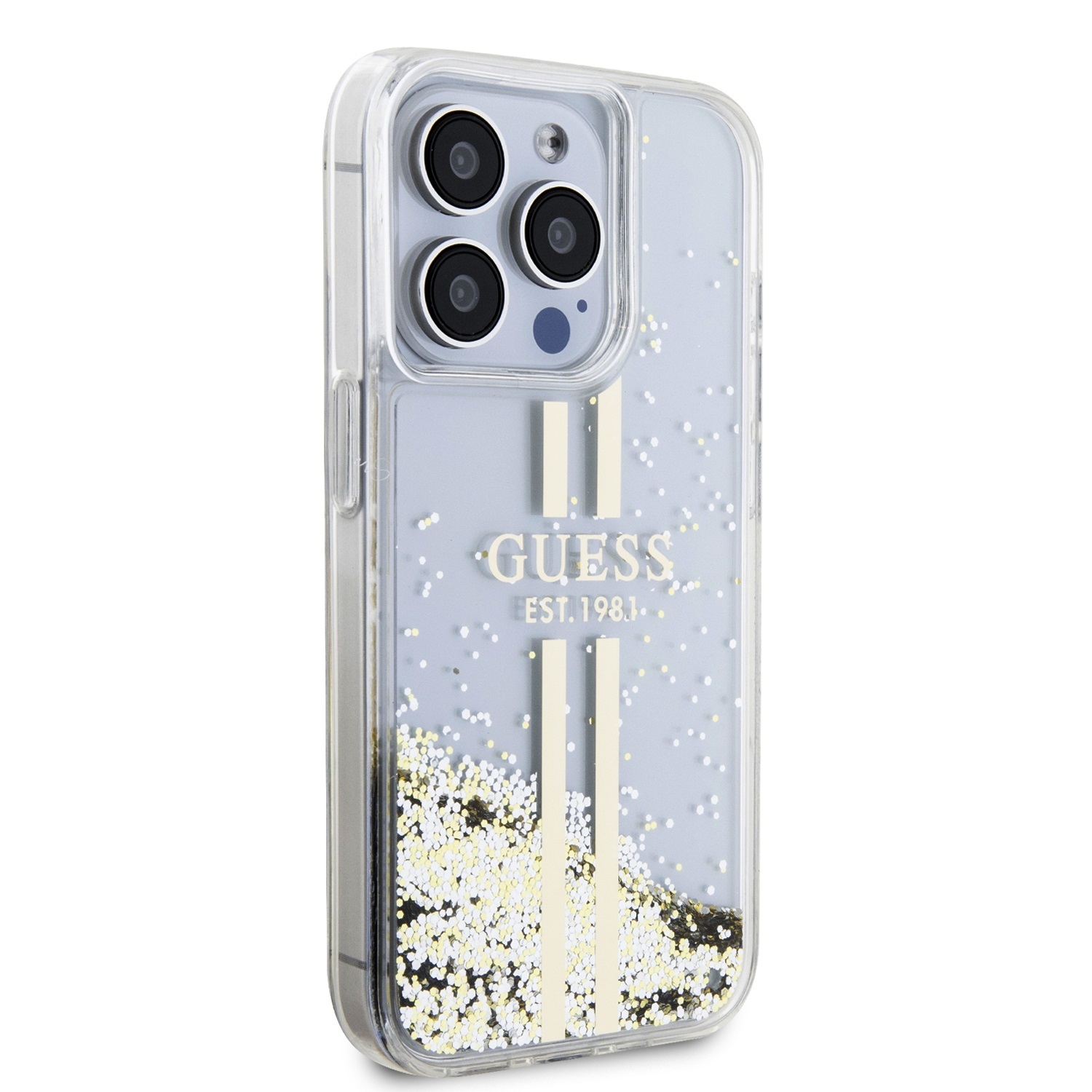 Guess PC/TPU Liquid Glitter Gold Stripe Zadní Kryt pro iPhone 15 Pro Transparent
