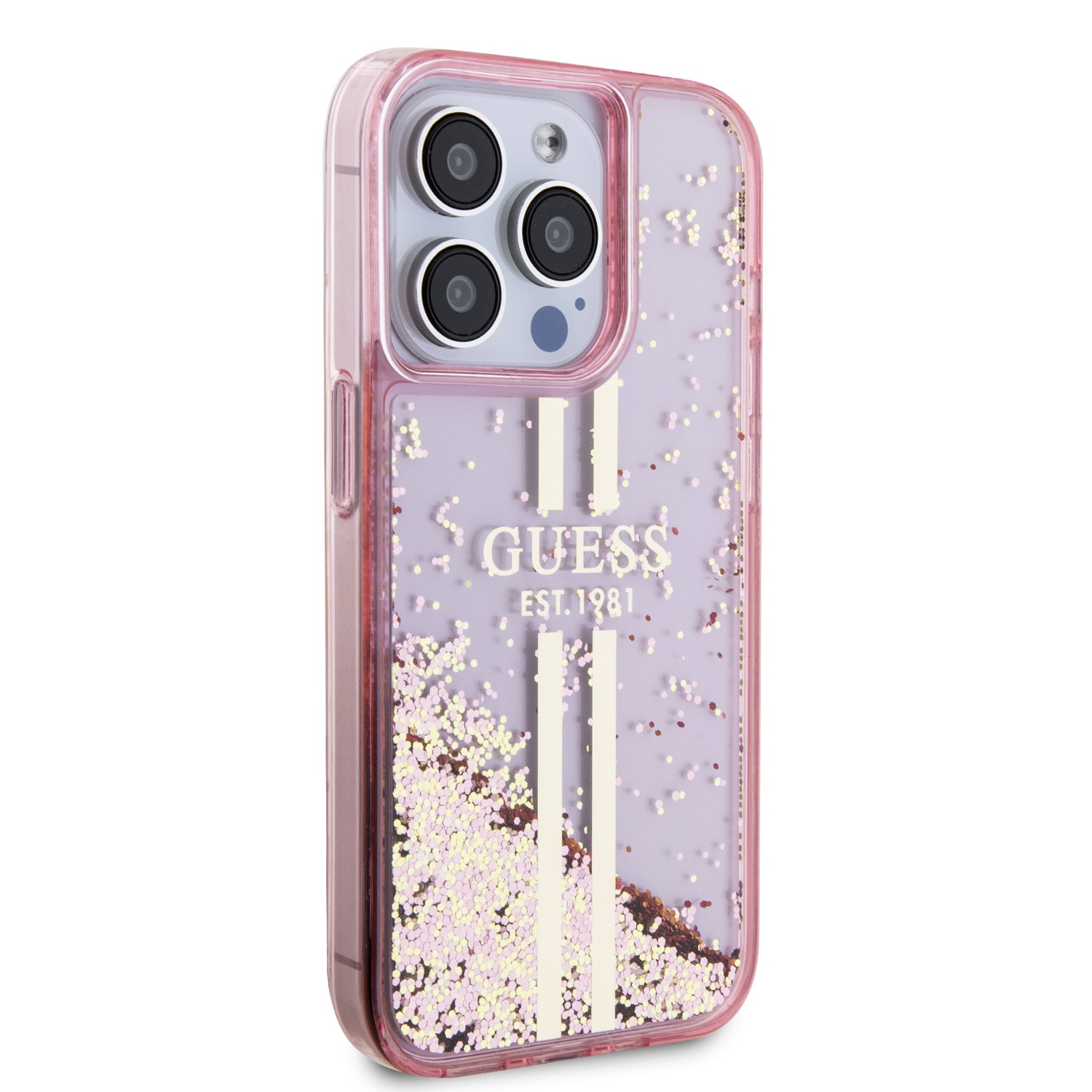 Guess PC/TPU Liquid Glitter Gold Stripe Zadní Kryt pro iPhone 15 Pro Pink