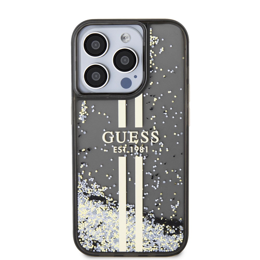 Guess PC/TPU Liquid Glitter Gold Stripe Zadní Kryt pro iPhone 15 Pro Black