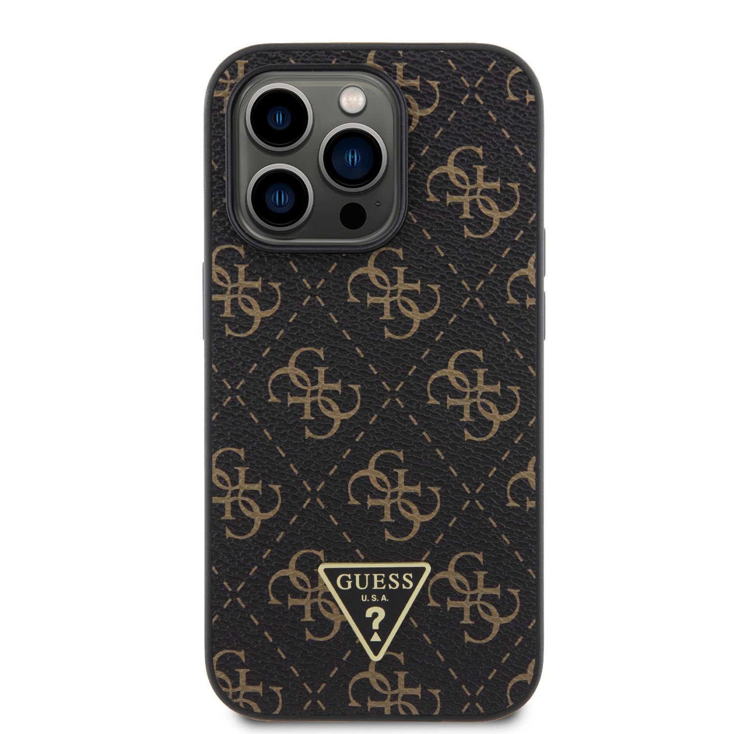 Guess PU Leather 4G Triangle Metal Logo Zadní Kryt pro iPhone 14 Pro Black