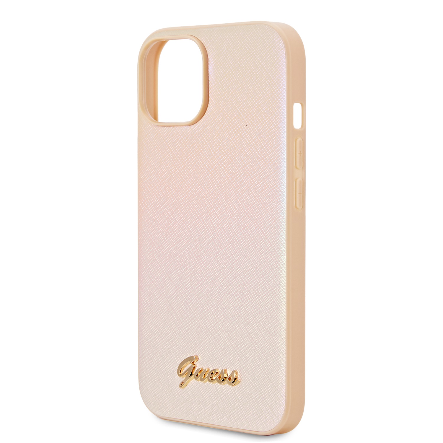 Guess PU Leather Iridescent Metal Script Zadní Kryt pro iPhone 15 Gold
