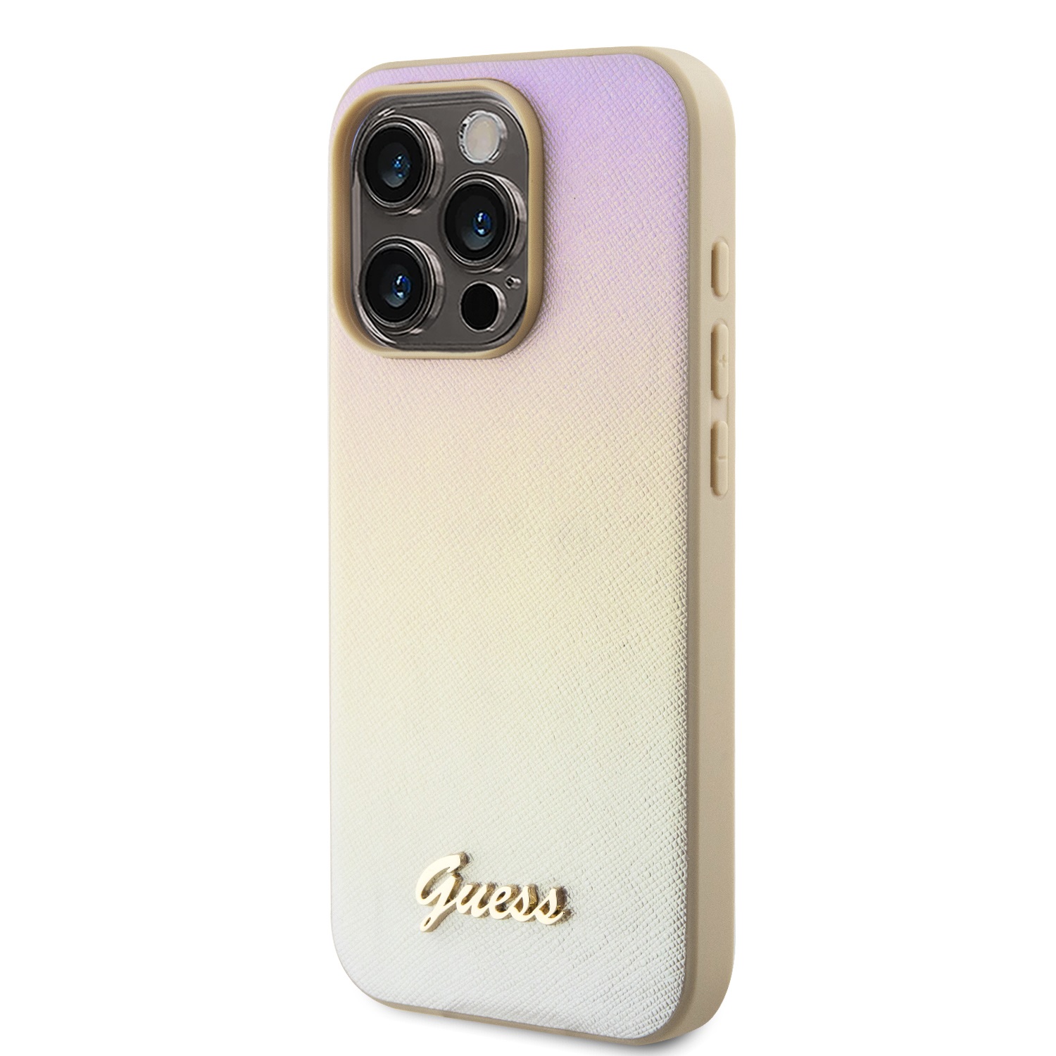 Guess PU Leather Iridescent Metal Script Zadní Kryt pro iPhone 15 Pro Gold