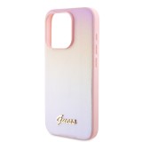 Guess PU Leather Iridescent Metal Script Zadní Kryt pro iPhone 15 Pro Pink