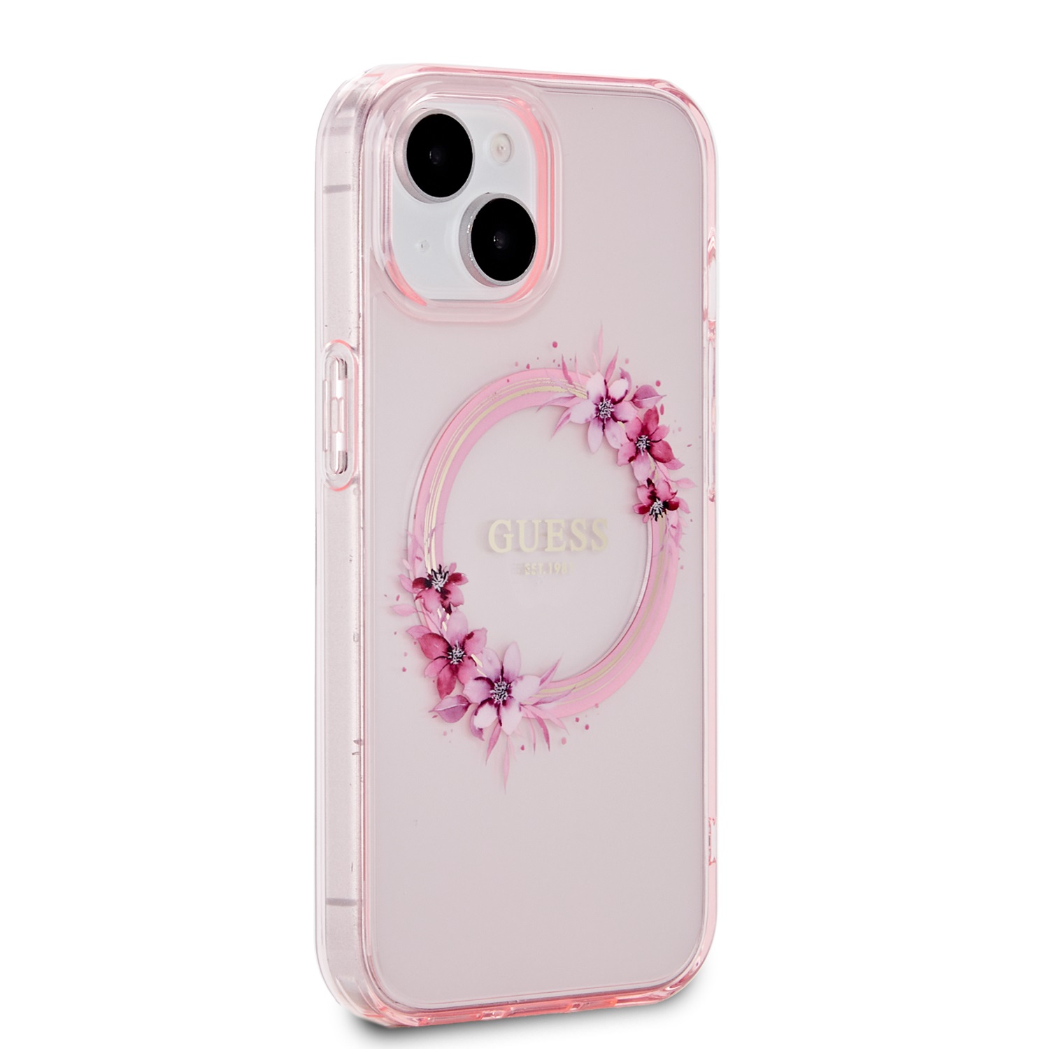 Levně Zadní kryt Guess PC/TPU Flowers Ring Glossy Logo MagSafe pro Apple iPhone 15, růžová