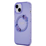 Guess PC/TPU Flowers Ring Glossy Logo MagSafe Zadní Kryt pro iPhone 15 Purple
