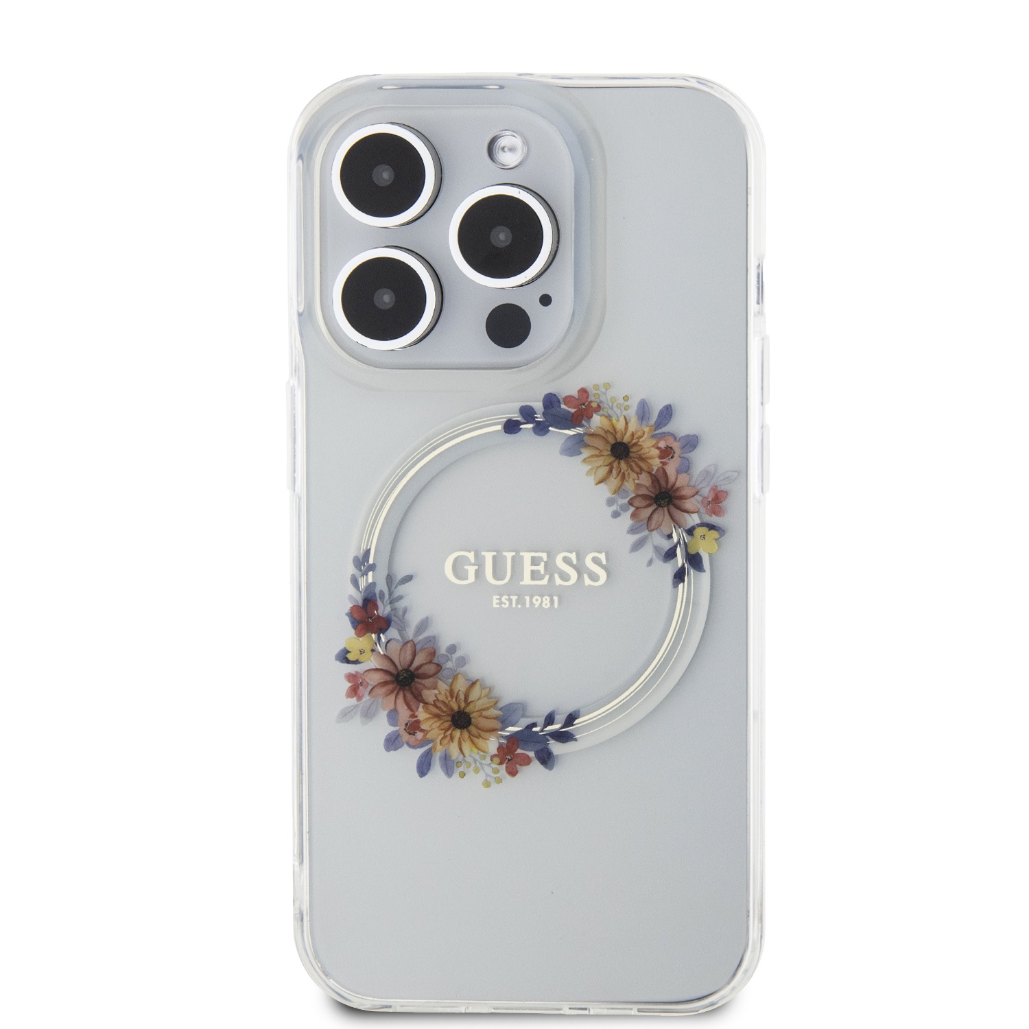Guess PC/TPU Flowers Ring Glossy Logo MagSafe Zadní Kryt pro iPhone 15 Pro Transparent