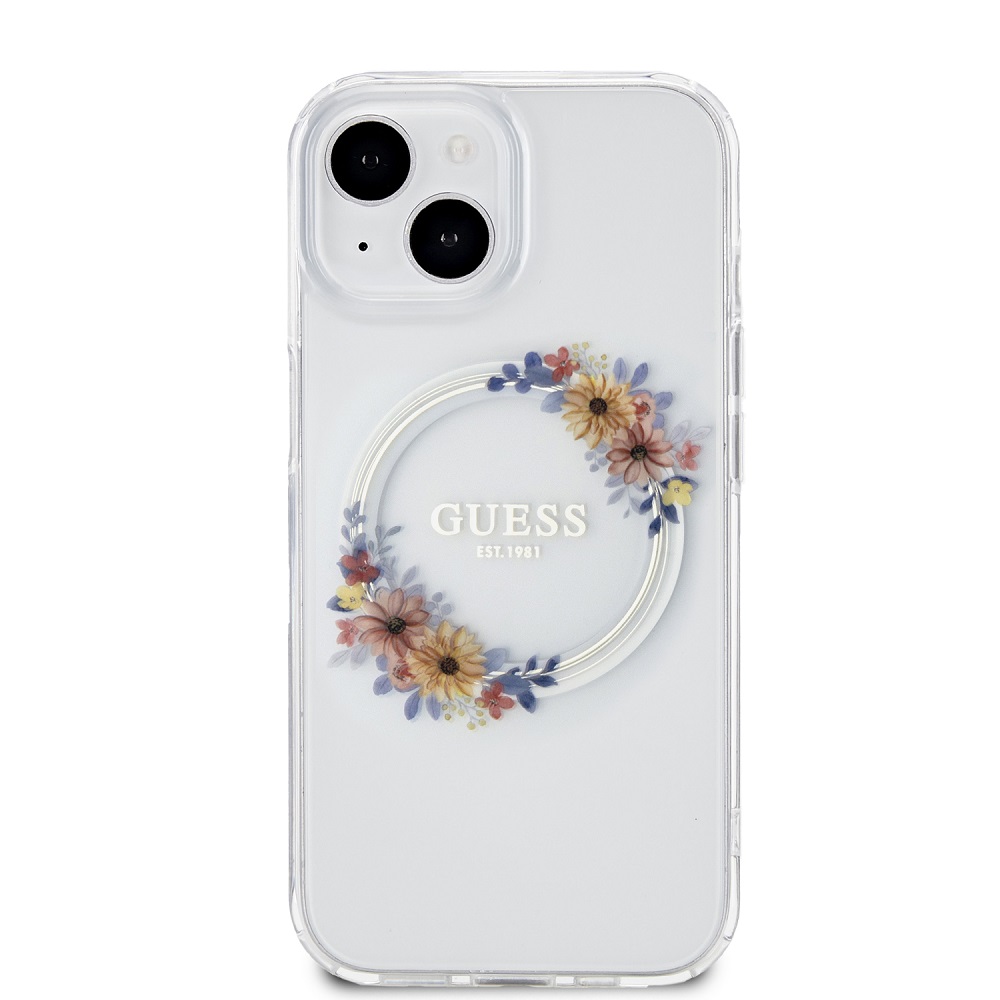 Guess PC/TPU Flowers Ring Glossy Logo MagSafe Zadní Kryt pro iPhone 15 Plus Transparent