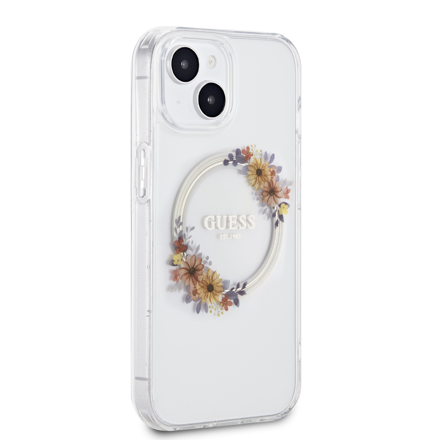 Levně Zadní kryt Guess PC/TPU Flowers Ring Glossy Logo MagSafe pro Apple iPhone 15, transparentní