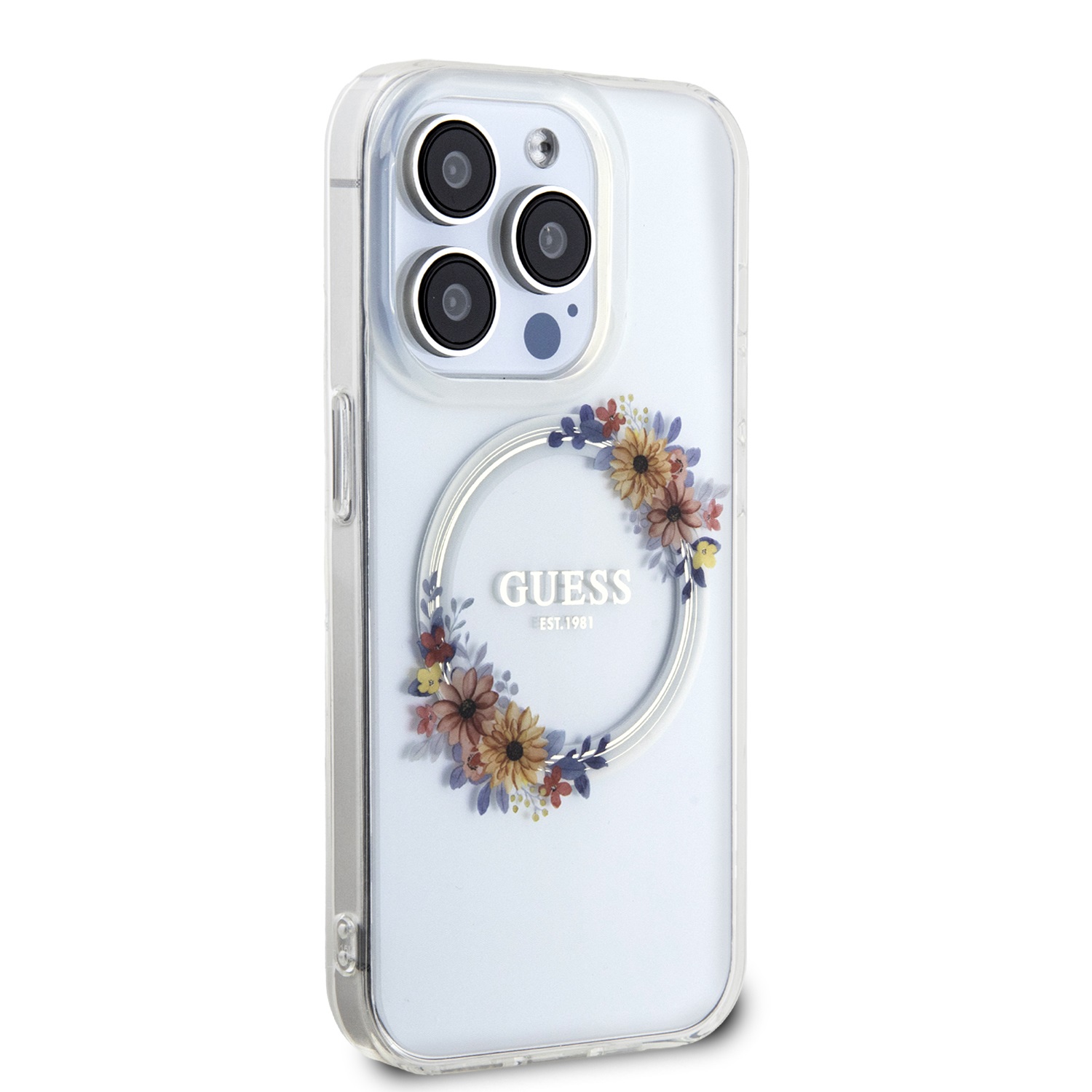 Levně Zadní kryt Guess PC/TPU Flowers Ring Glossy Logo MagSafe pro Apple iPhone 14 Pro, transparentní