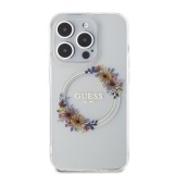 Guess PC/TPU Flowers Ring Glossy Logo MagSafe Zadní Kryt pro iPhone 13 Pro Transparent