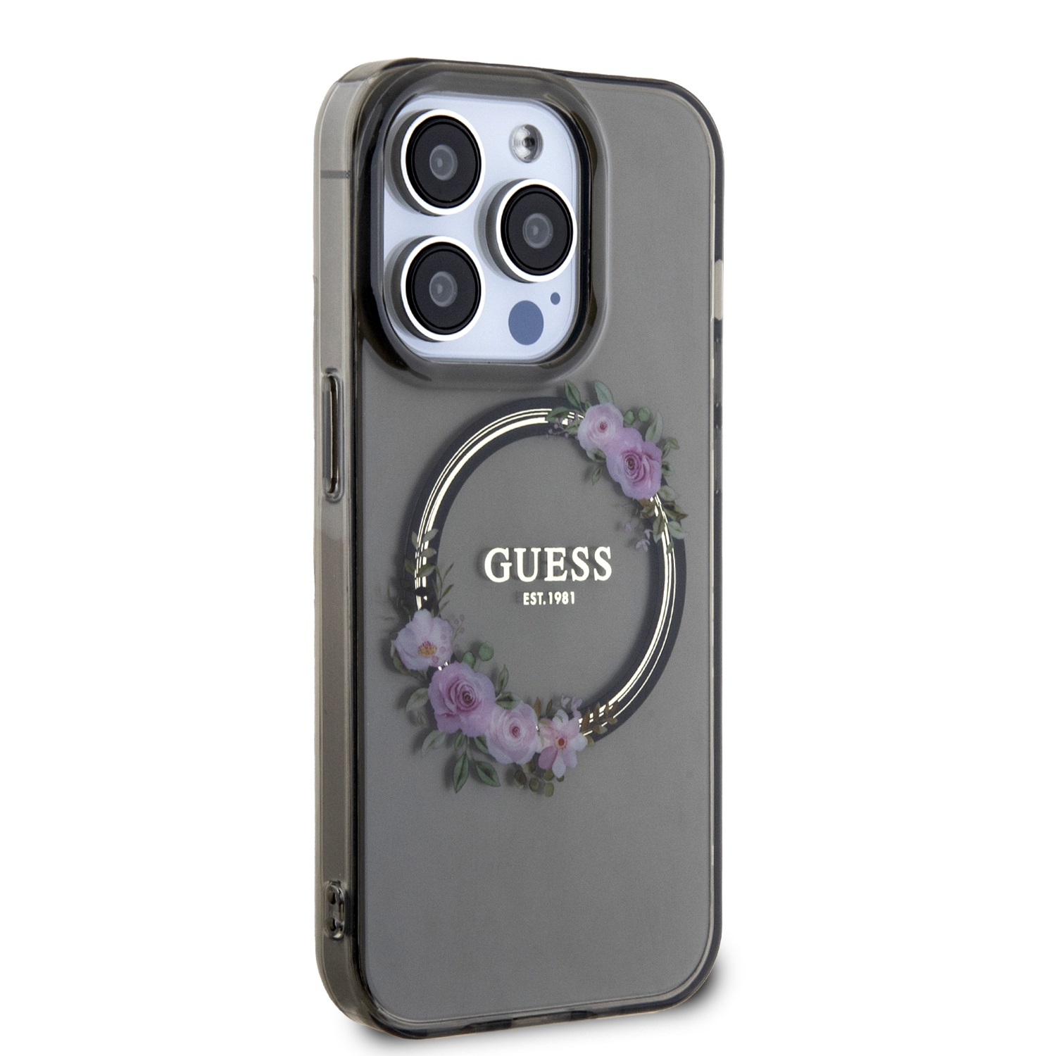 Levně Zadní kryt Guess PC/TPU Flowers Ring Glossy Logo MagSafe pro Apple iPhone 15 Pro Max, černá